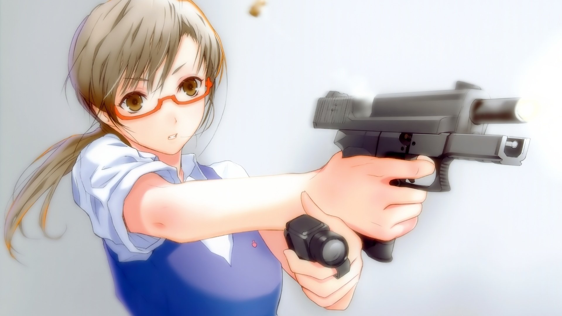 A girl with glasses shoots a gun