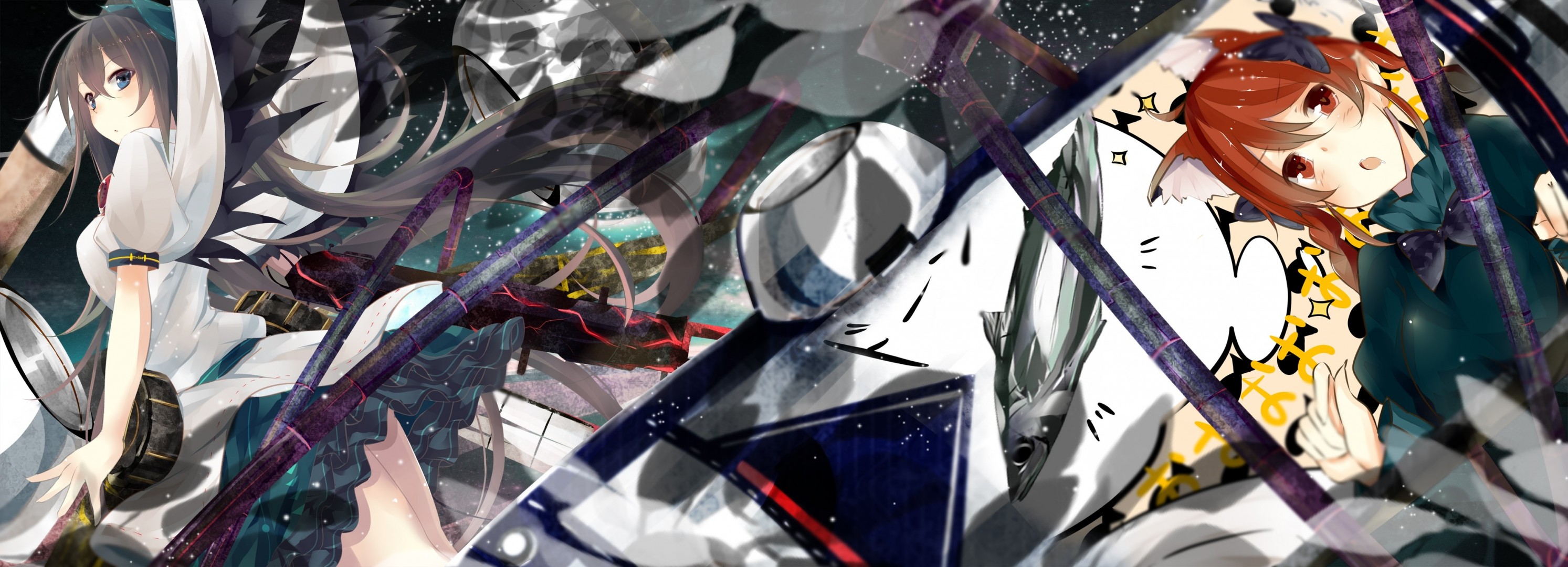 red hair cape reiuji utsuho black hair red eyes blue eyes long hair 2girls wings animal ears