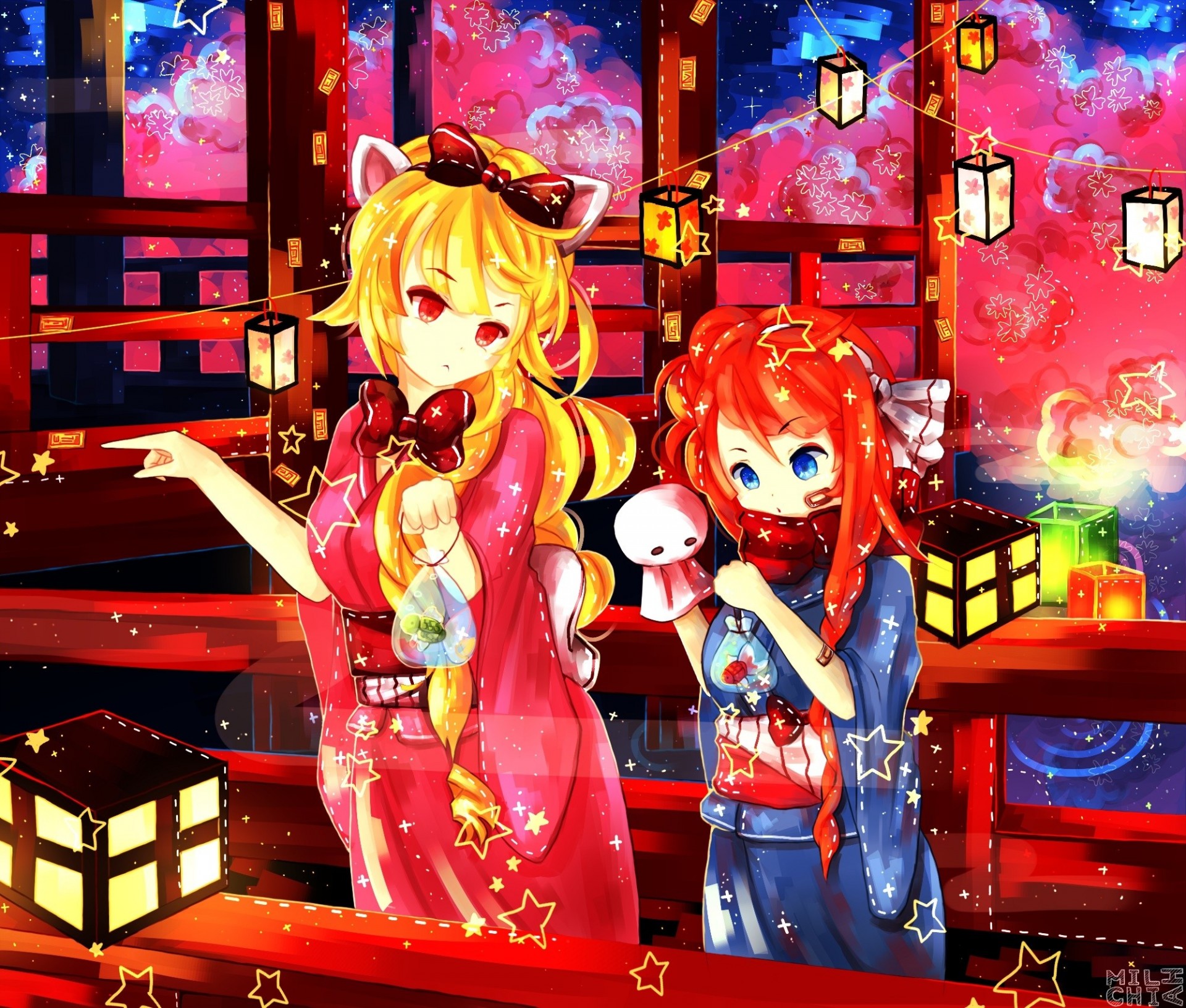 blue eyes blonde hair animals japanese clothes kimono red eyes animal ears