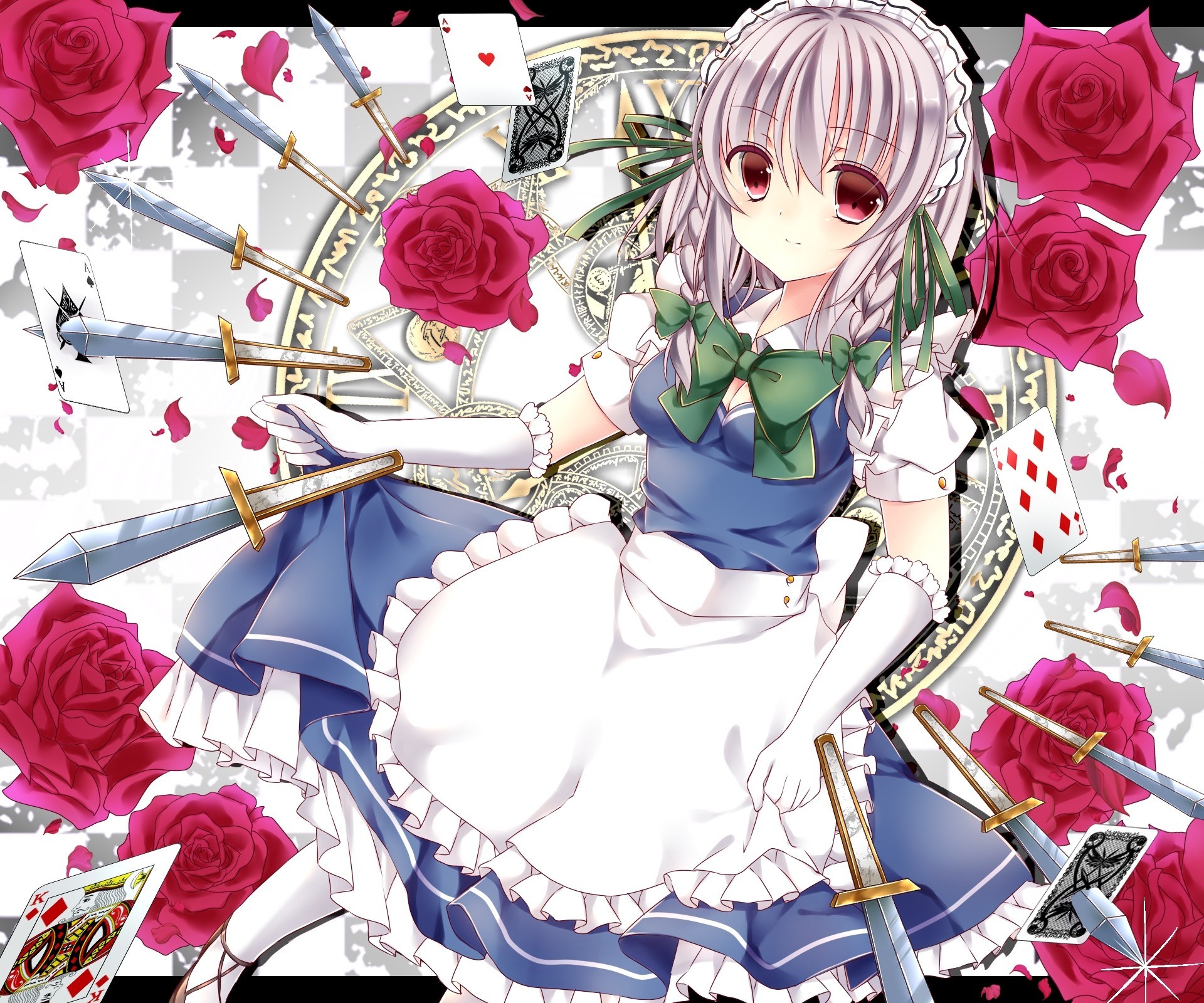 short hair spit tapes maid knife torment izayoi sakuya red eyes rose apron magic circle flower white hair weapon