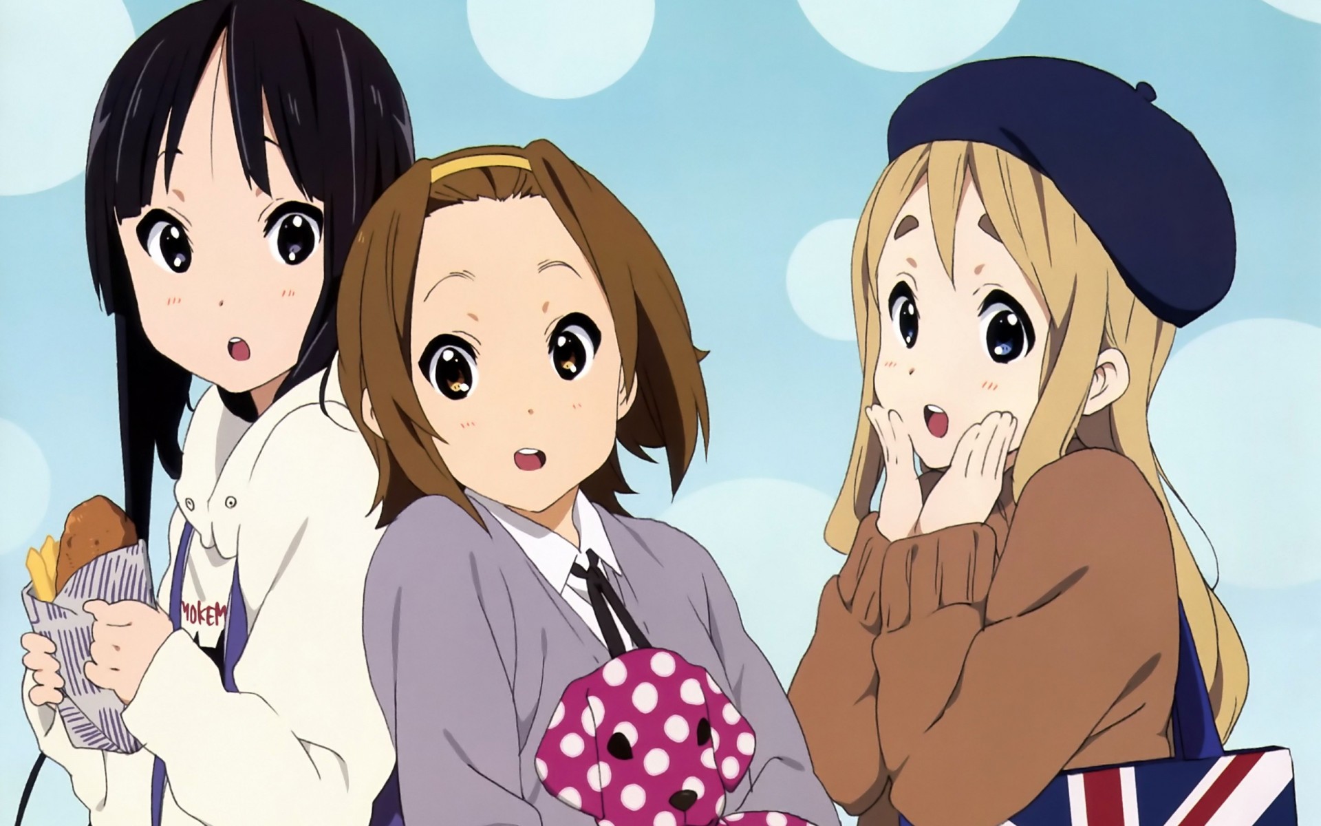 short hair brown eyes blonde hair kotobuki tsumugi black hair long hair 3girls black eyes food brown hair