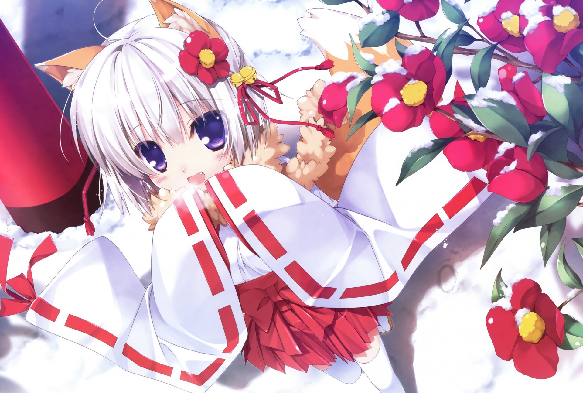 blue eyes short hair snow japanese clothes thighhighs white hair flower tail animal ears