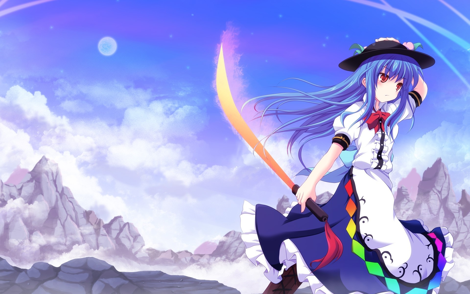 sky hinanawi tenshi clouds weapon hat moon sword dress blue hair