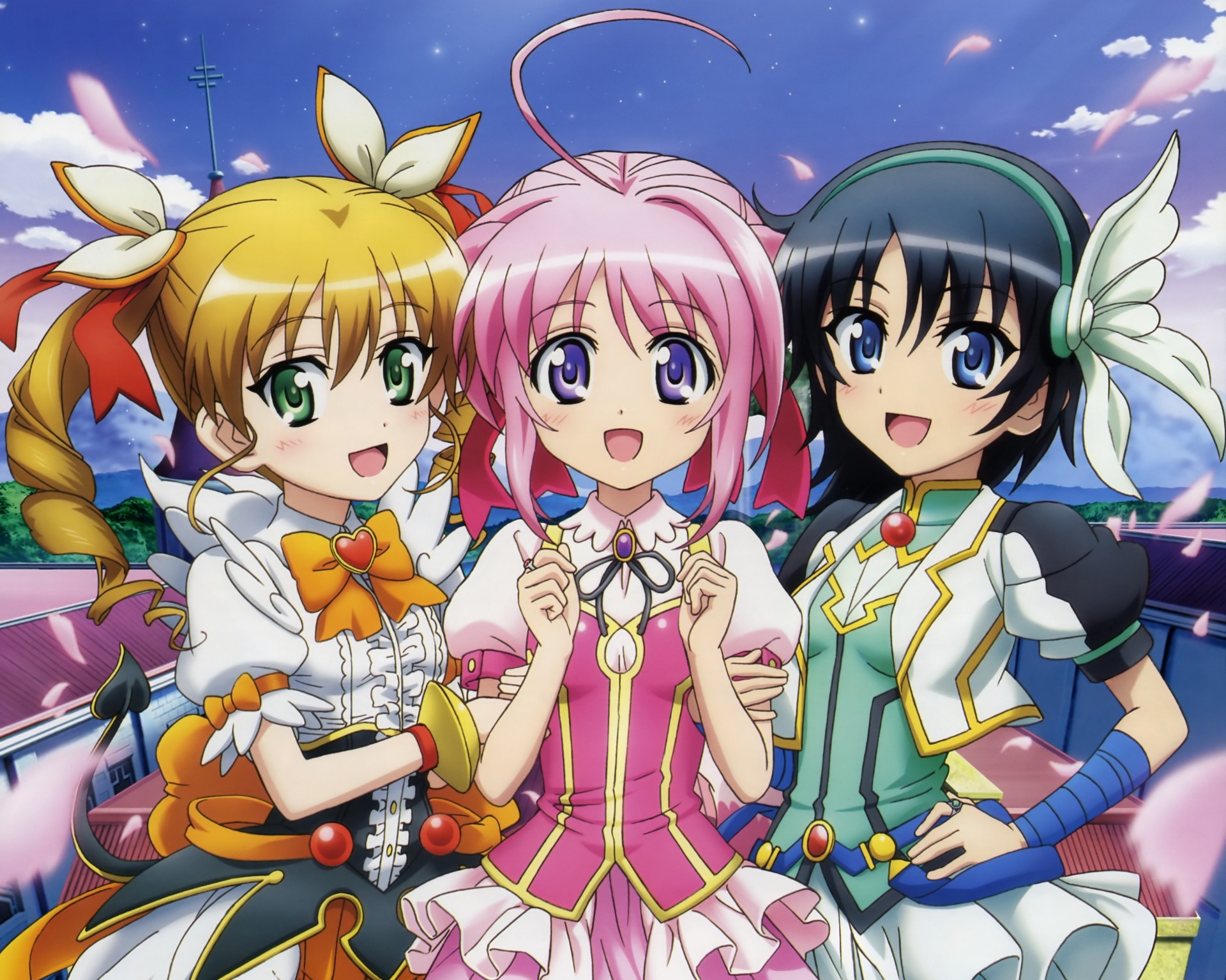 blue eyes short hair pink hair petals twintails black hair green eyes purple eyes millhiore e biscotti 3girls