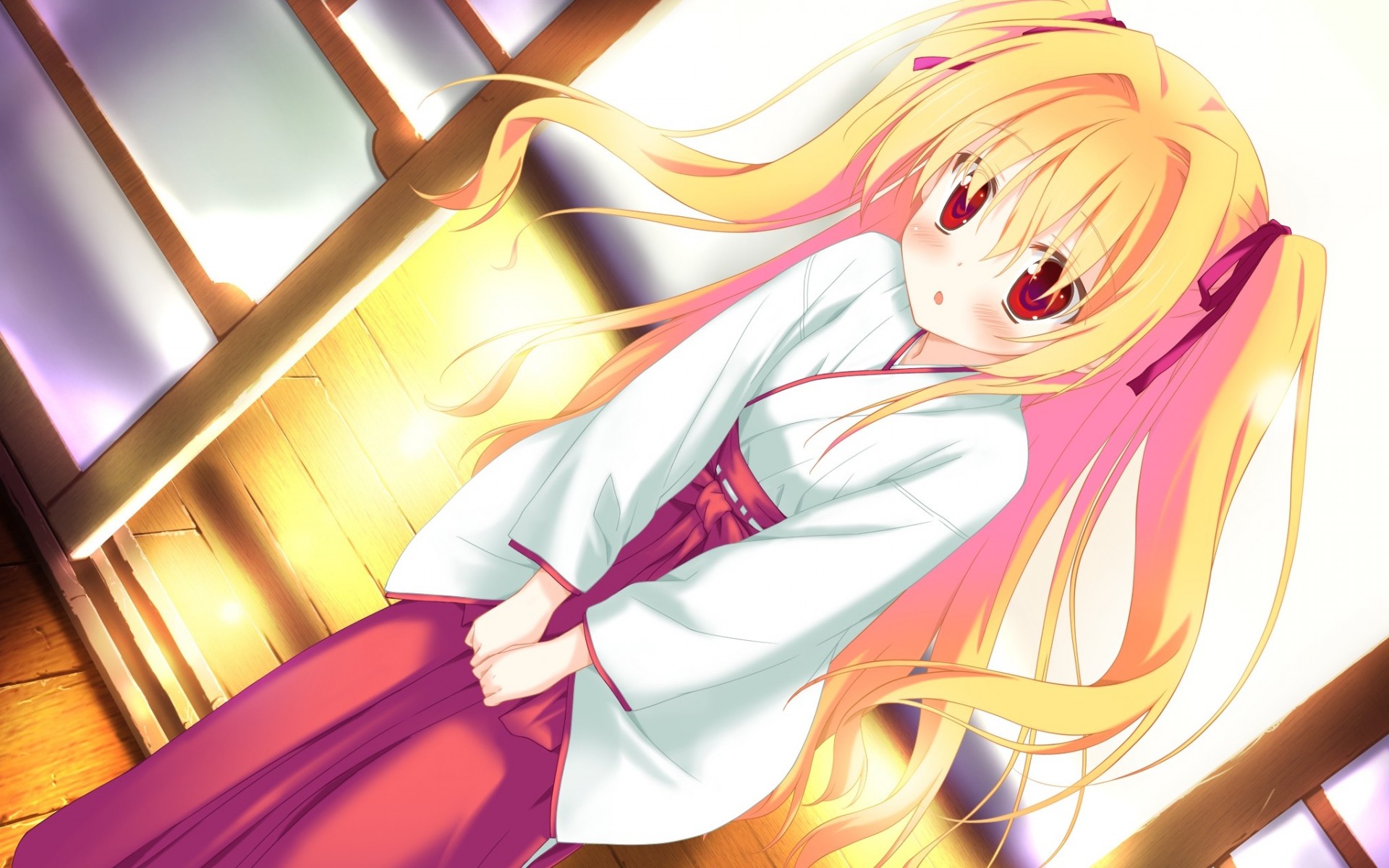 twintails blush blonde hair long hair red eyes japanese clothes