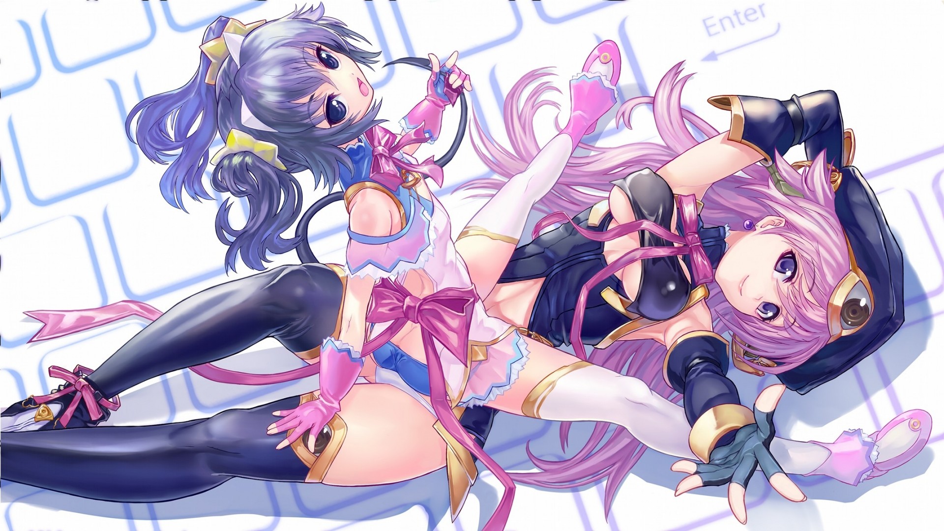 pink hair long hair tagme character purple hair purple eyes 2girls thighhighs