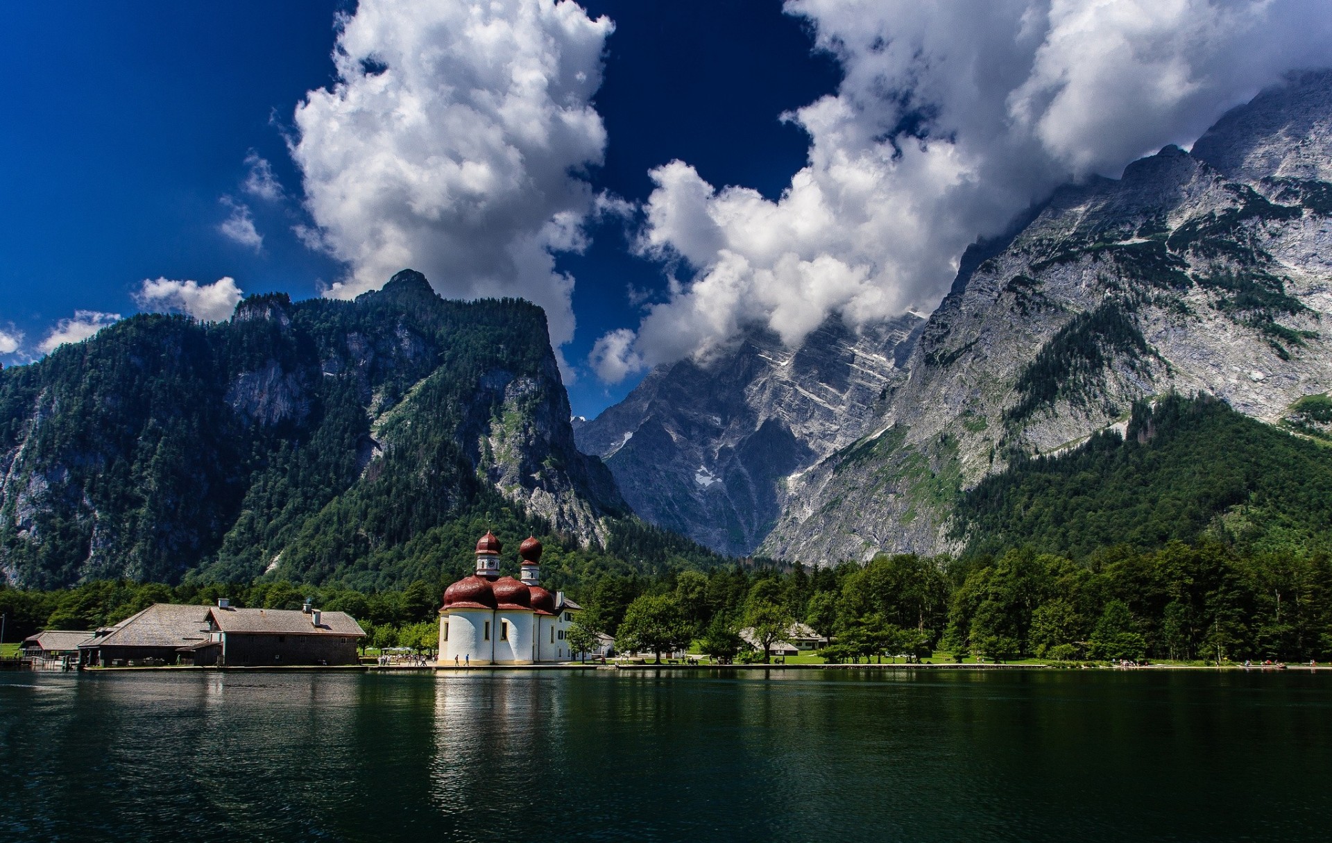 bavarian alps church lake alps bayern munich germany repair mountain watzmann bavaria lake konigssee mount watzman
