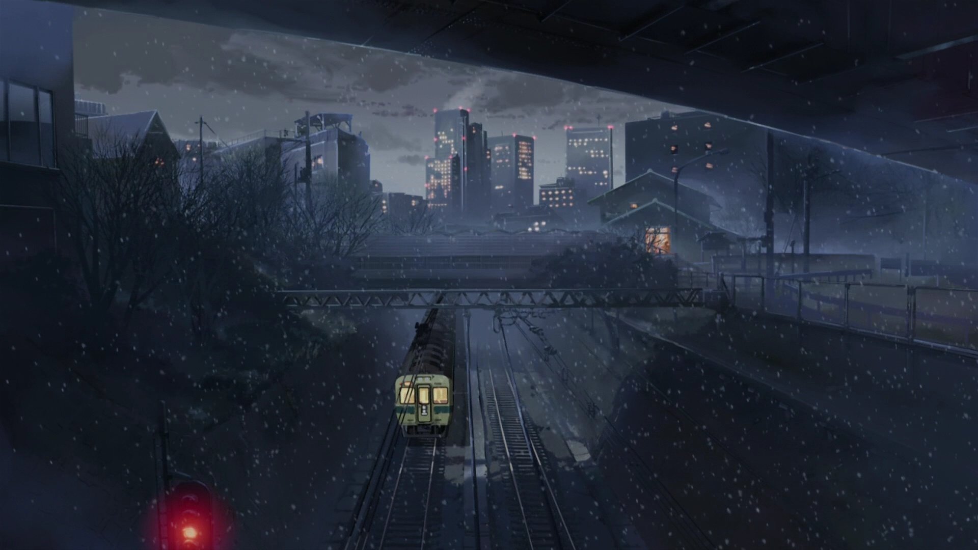 Railway transport under snow at night