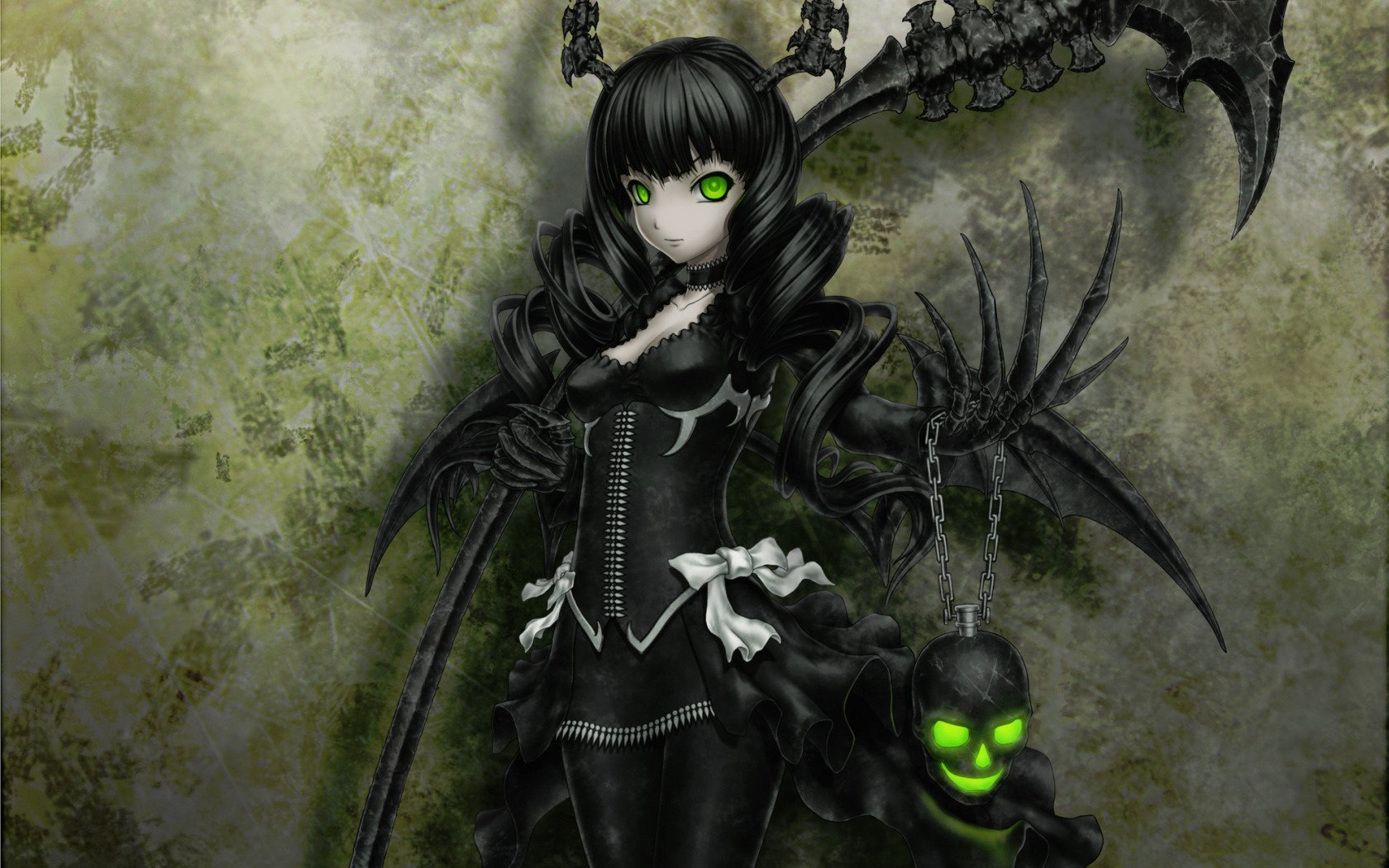Drawing of a girl with glowing eyes, in a black suit