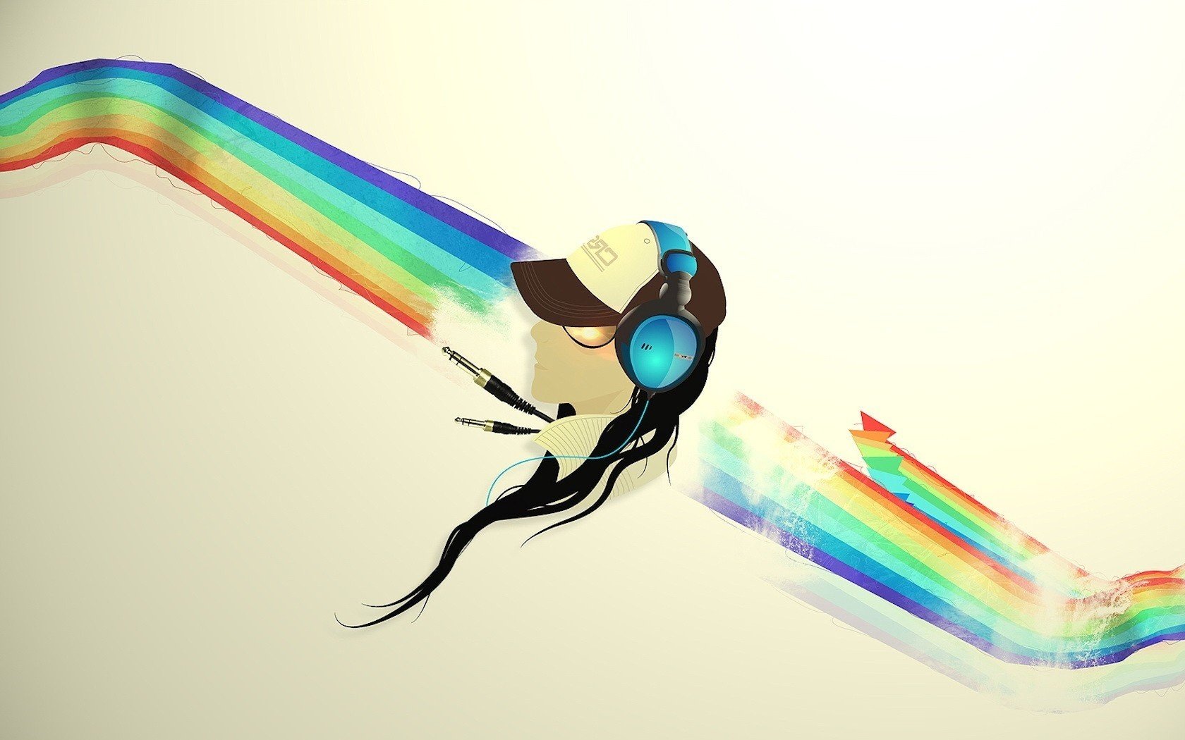 Guy with headphones in profile against a rainbow background