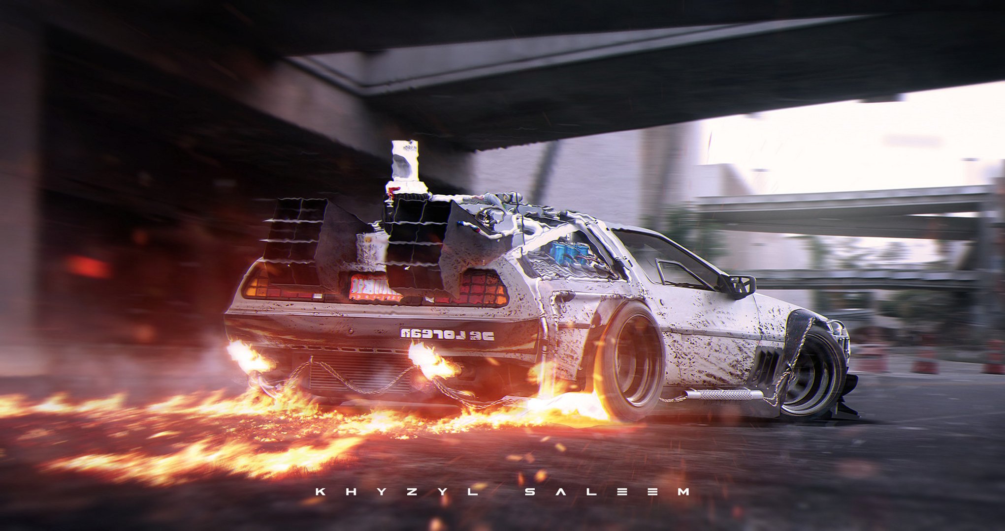 delorean dmc-12 silvery rear back to the future road fire photoshop digital art khyzyl saleem silver flame