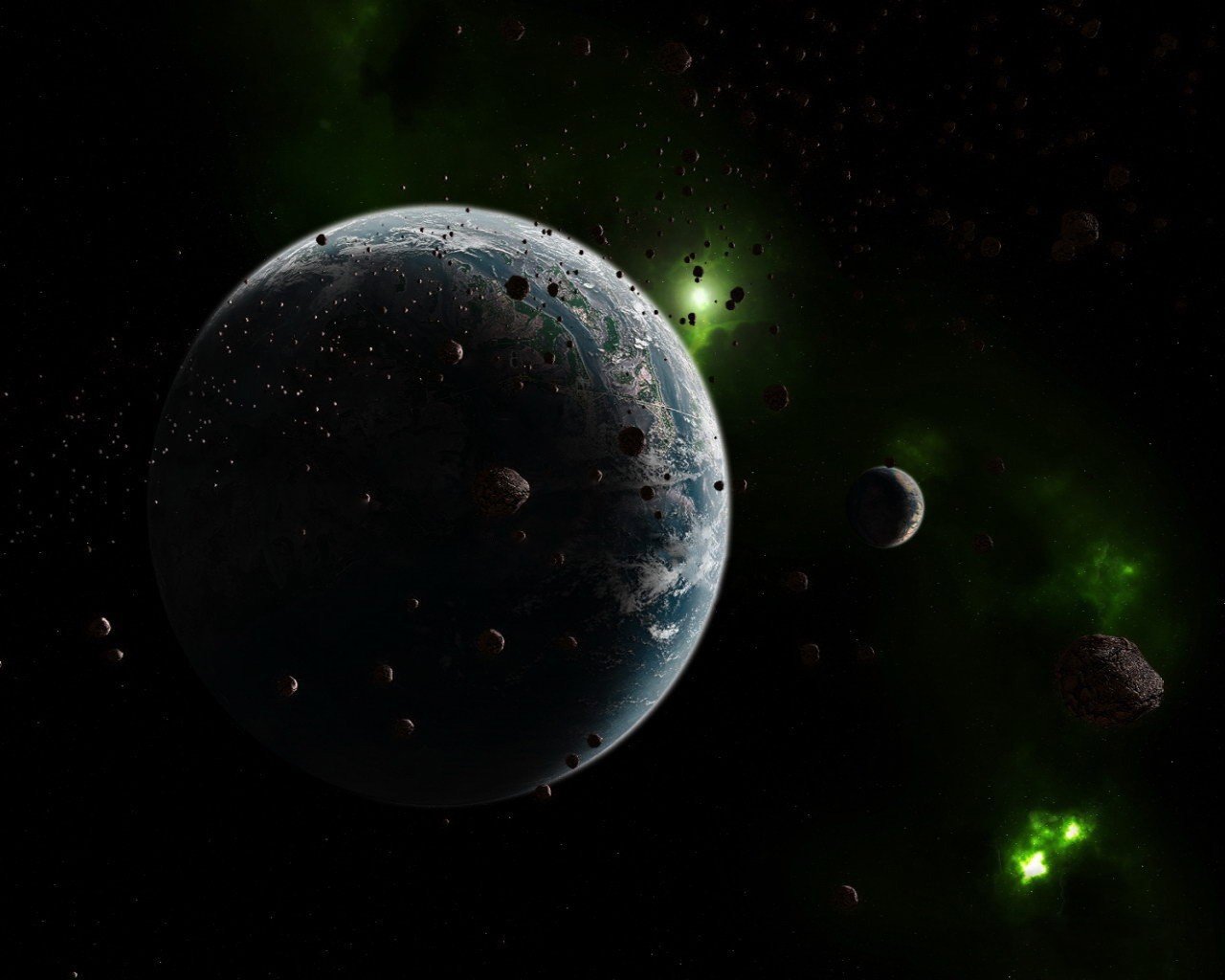 Planet earth with flying cameos from outer space with green glitter of stars