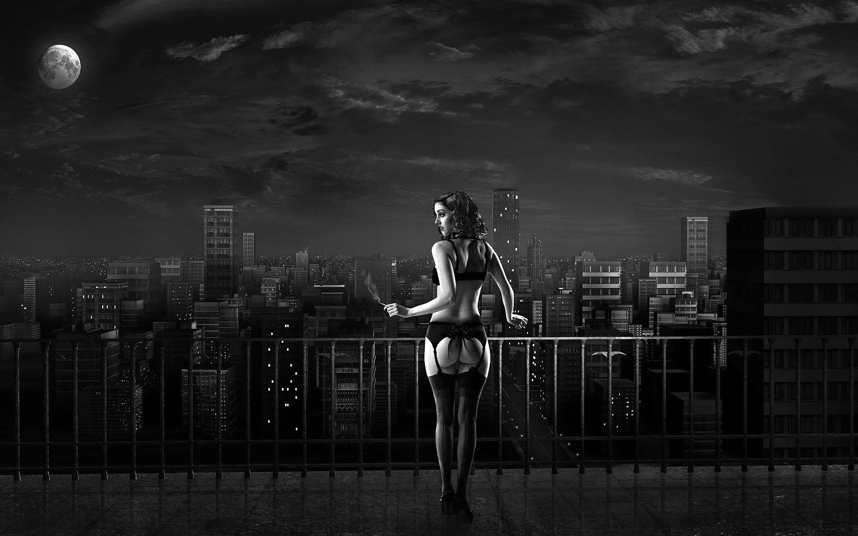 A girl under the moon in stockings and with a cigarette