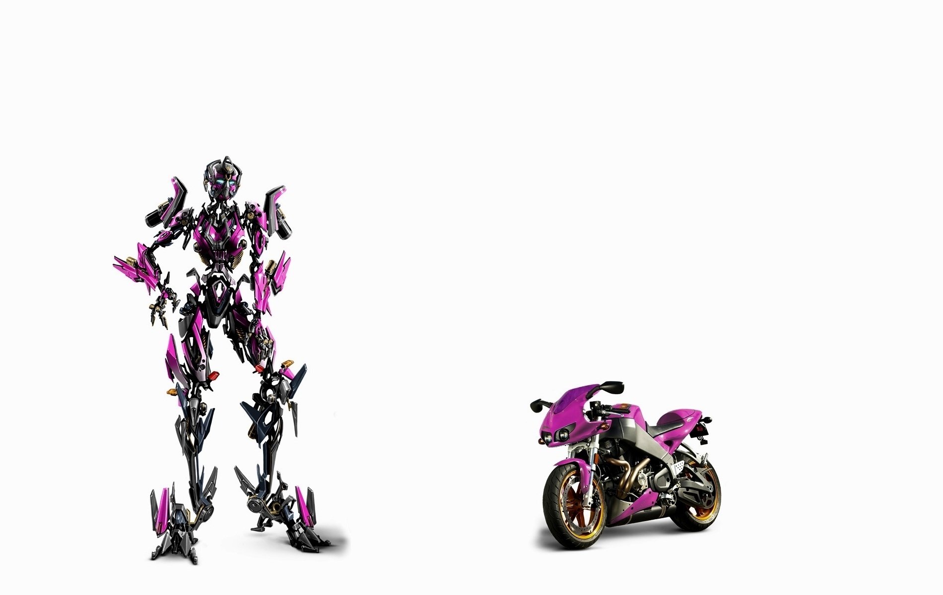 Purple robot next to a bike on a white background