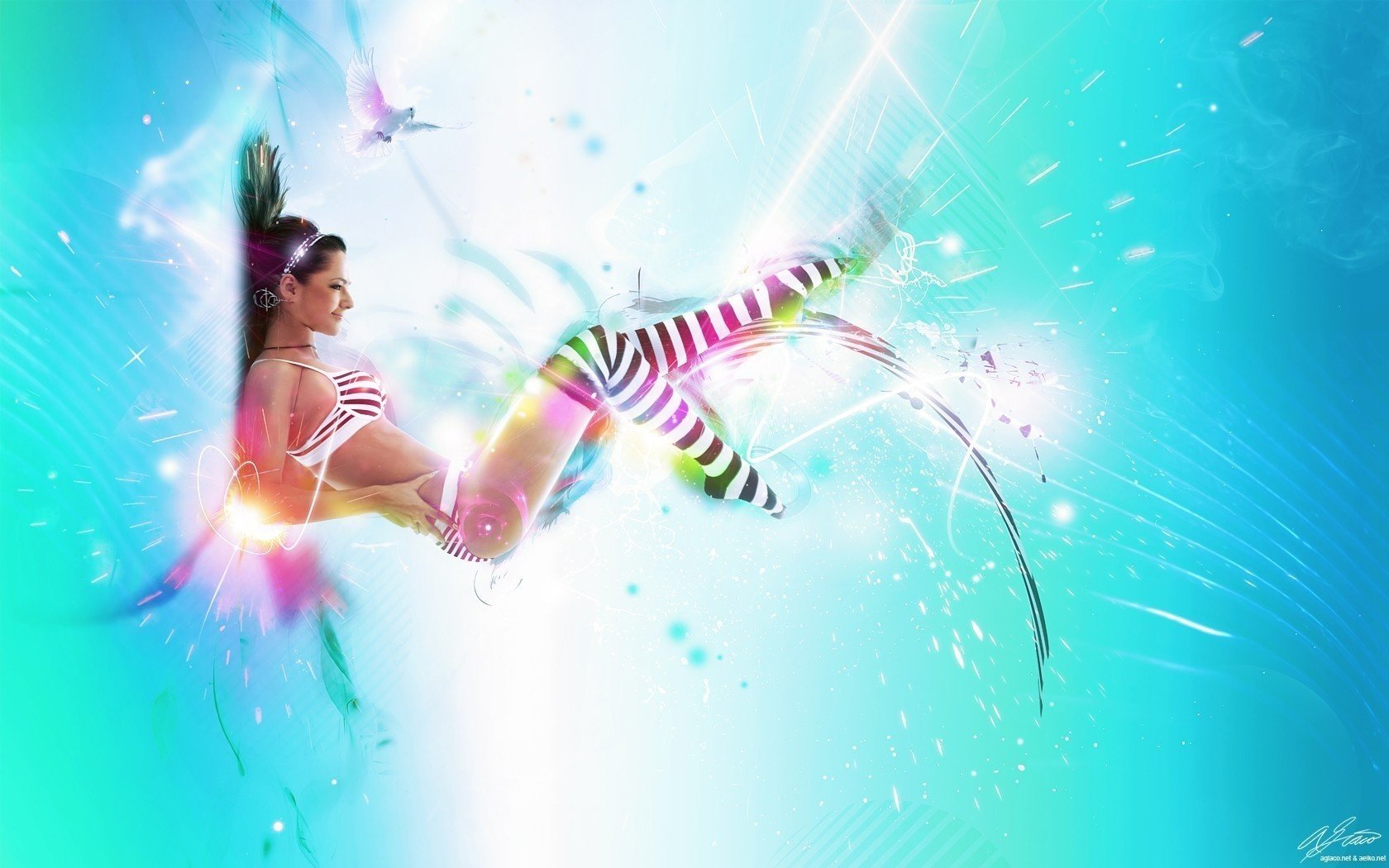 A girl in striped stockings does aerobics