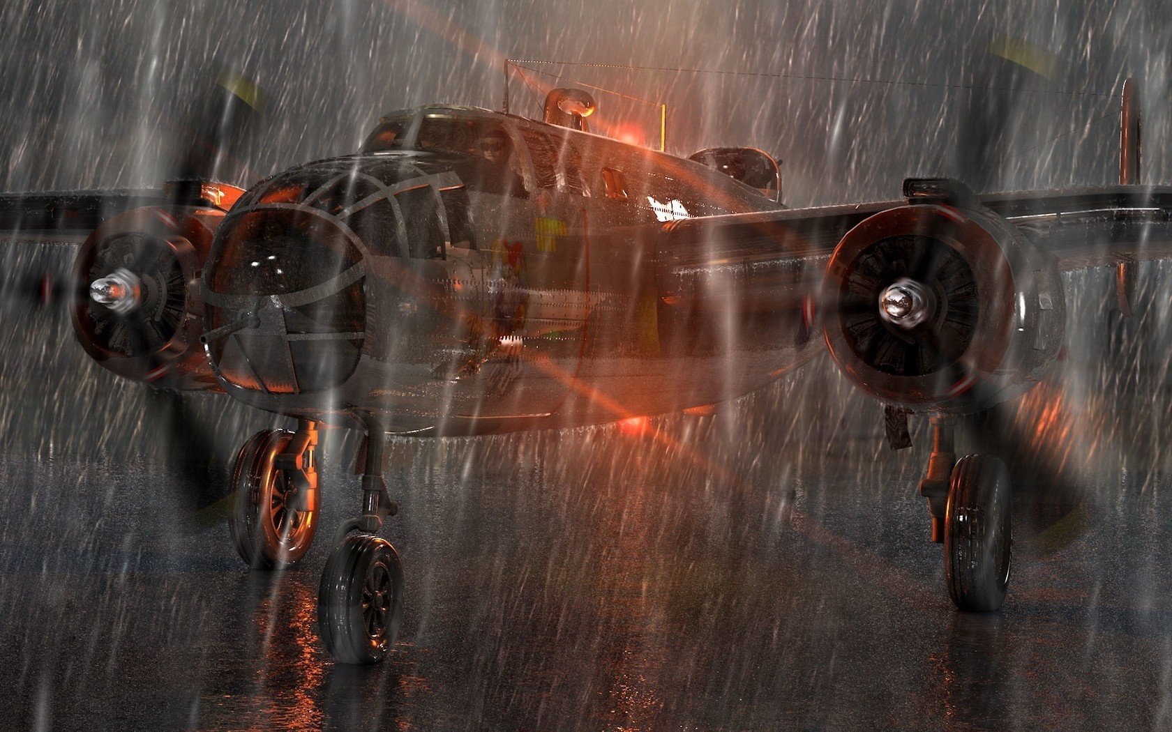 The plane in the pouring rain, pierced by the light of the landing lights