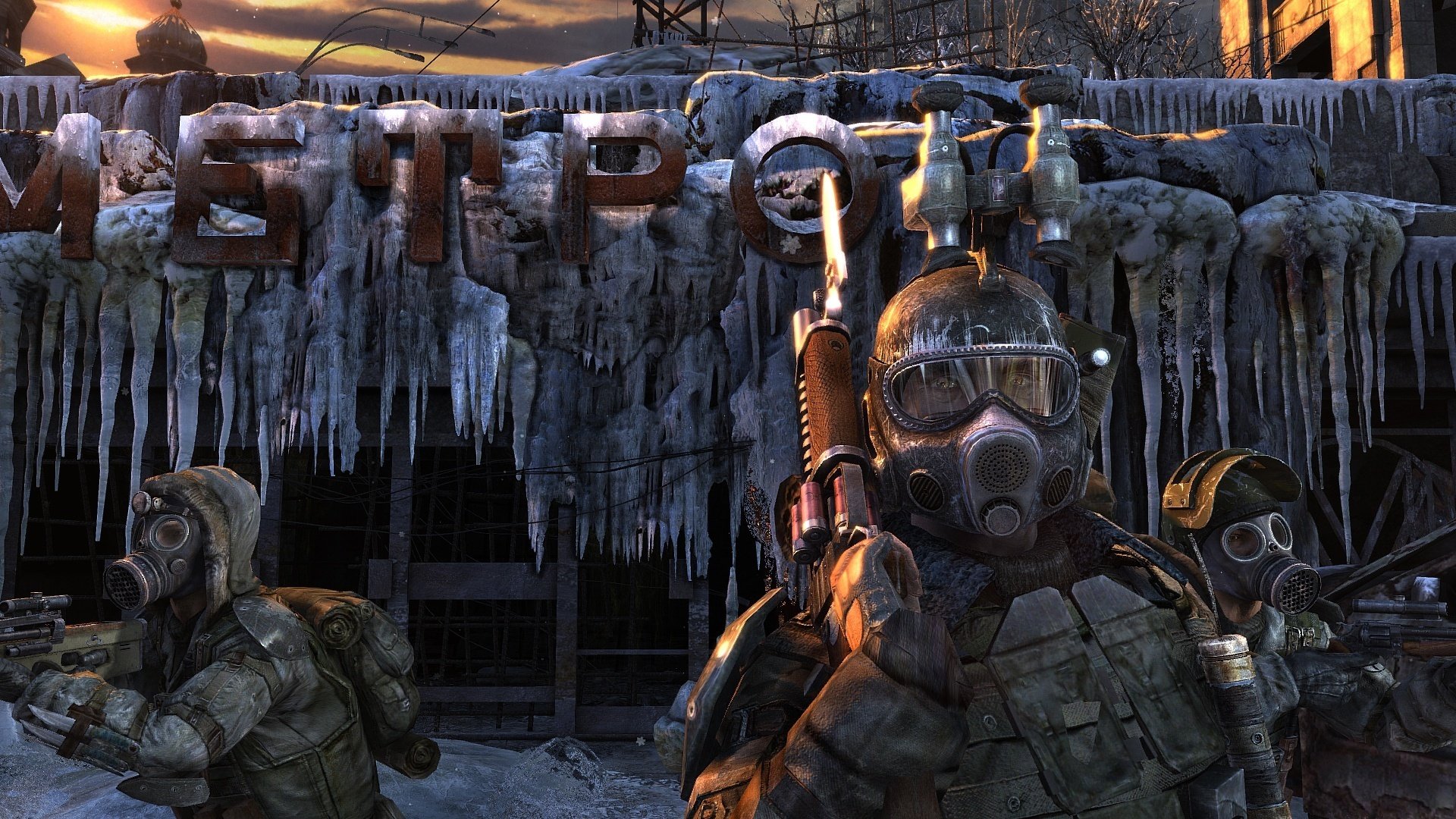 Soldiers with pistols in gas masks. Grayness, icicles, metro