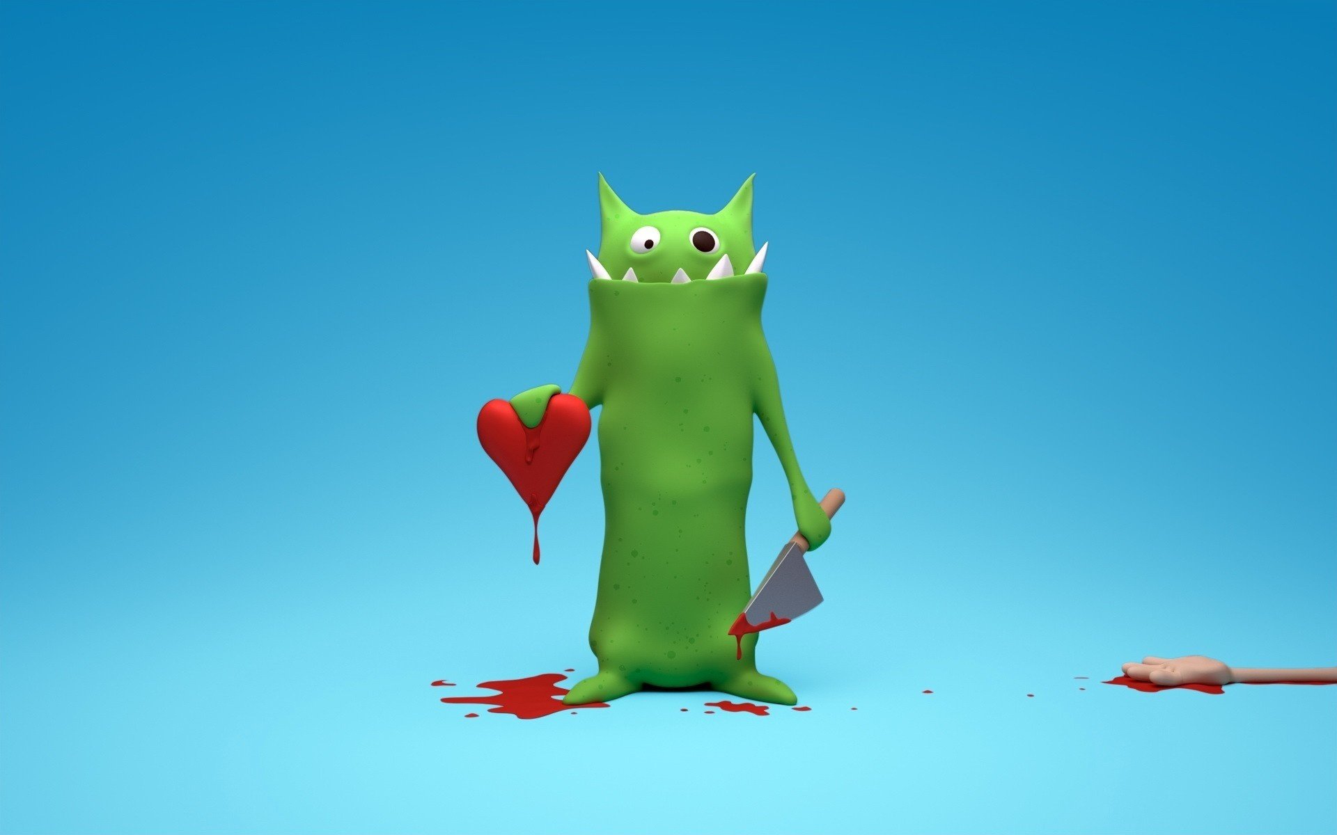 A green weirdo with a carved heart and a knife in his hand