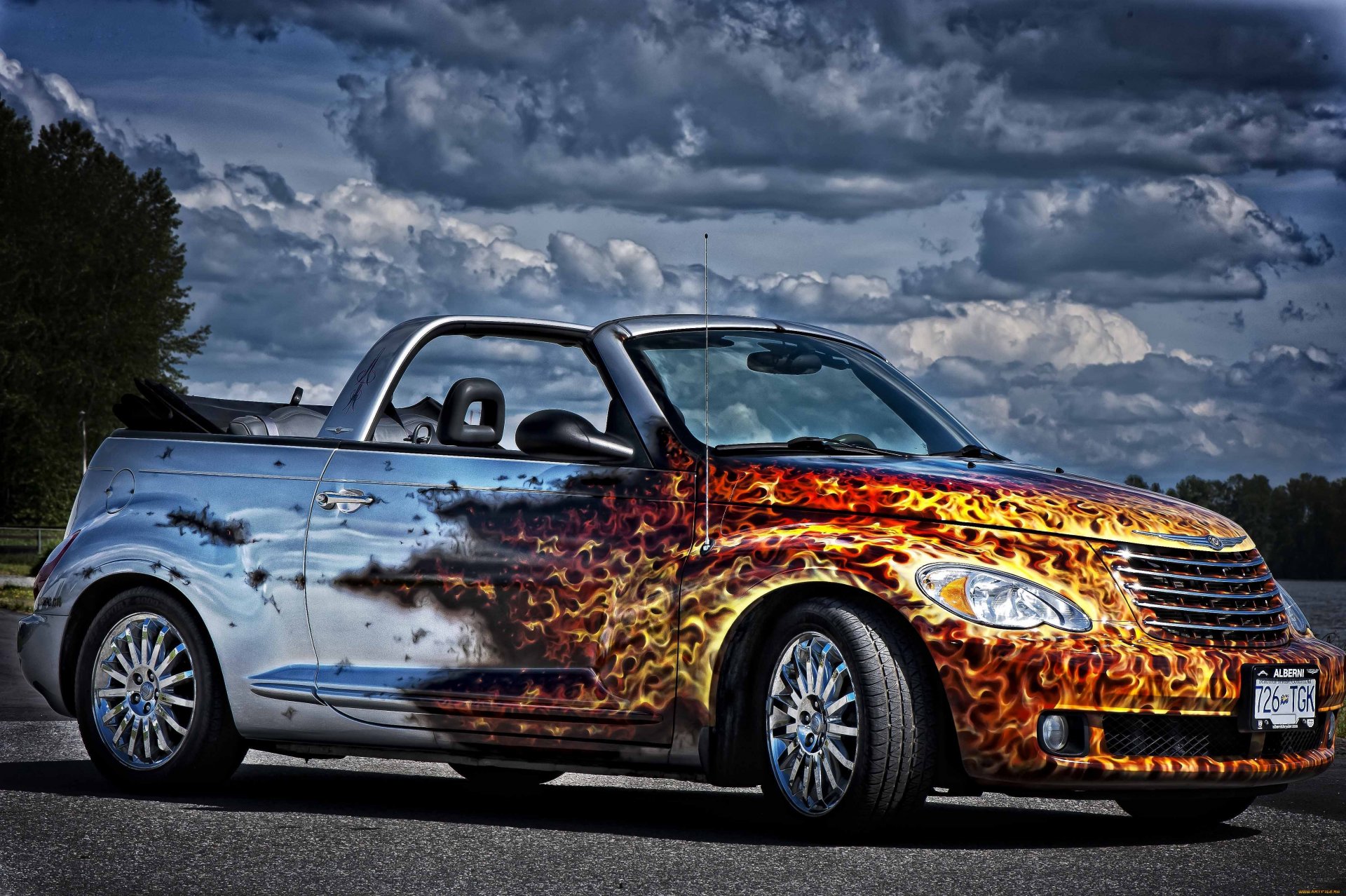 chrysler pt cruiser convertible airbrush fire flame languages sky clouds