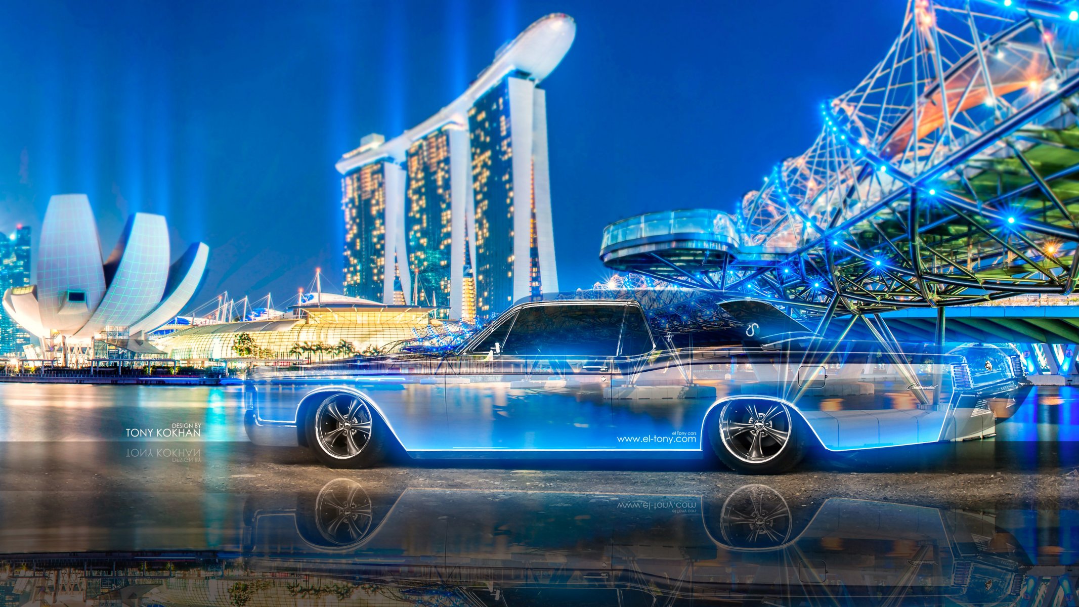 tony kokhan lincoln continental crystal city night neon car multicolors blue retro tuning el tony cars design art style wallpaper 4k tony cohan photoshop transparent machine
