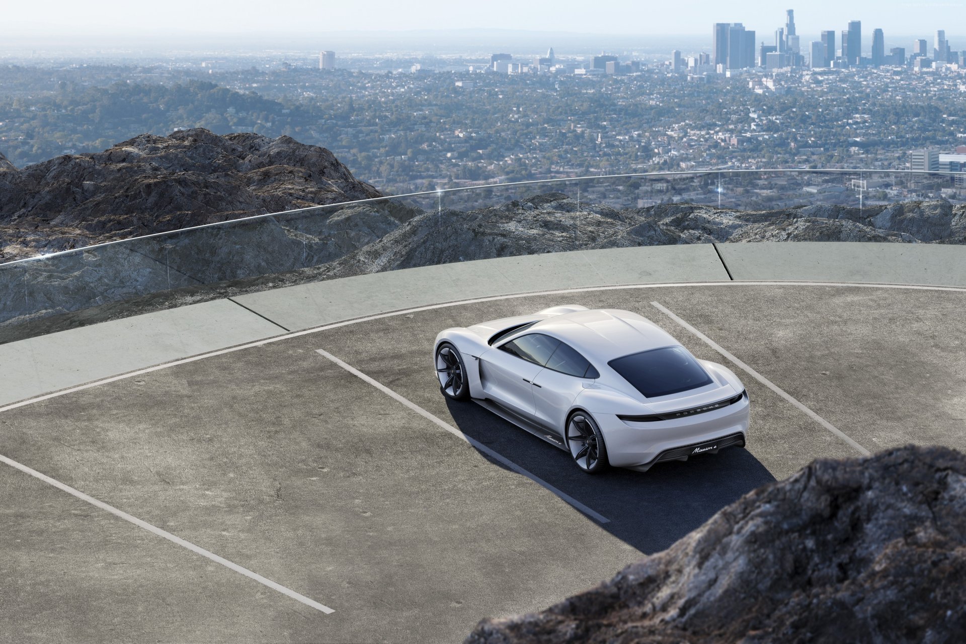2015 porsche mission e concept white town mountain parking top view