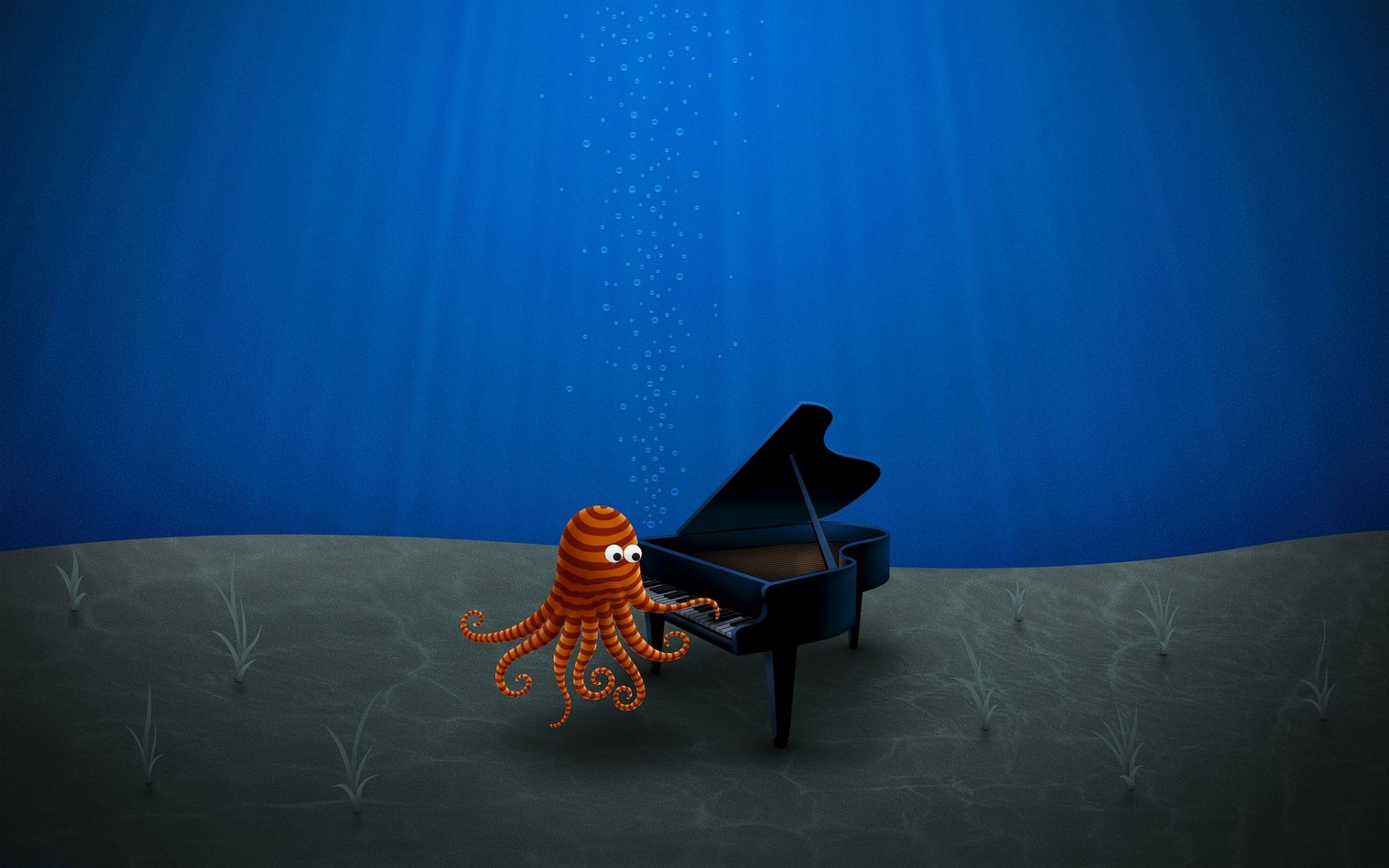Octopus in the sun's rays underwater playing the piano