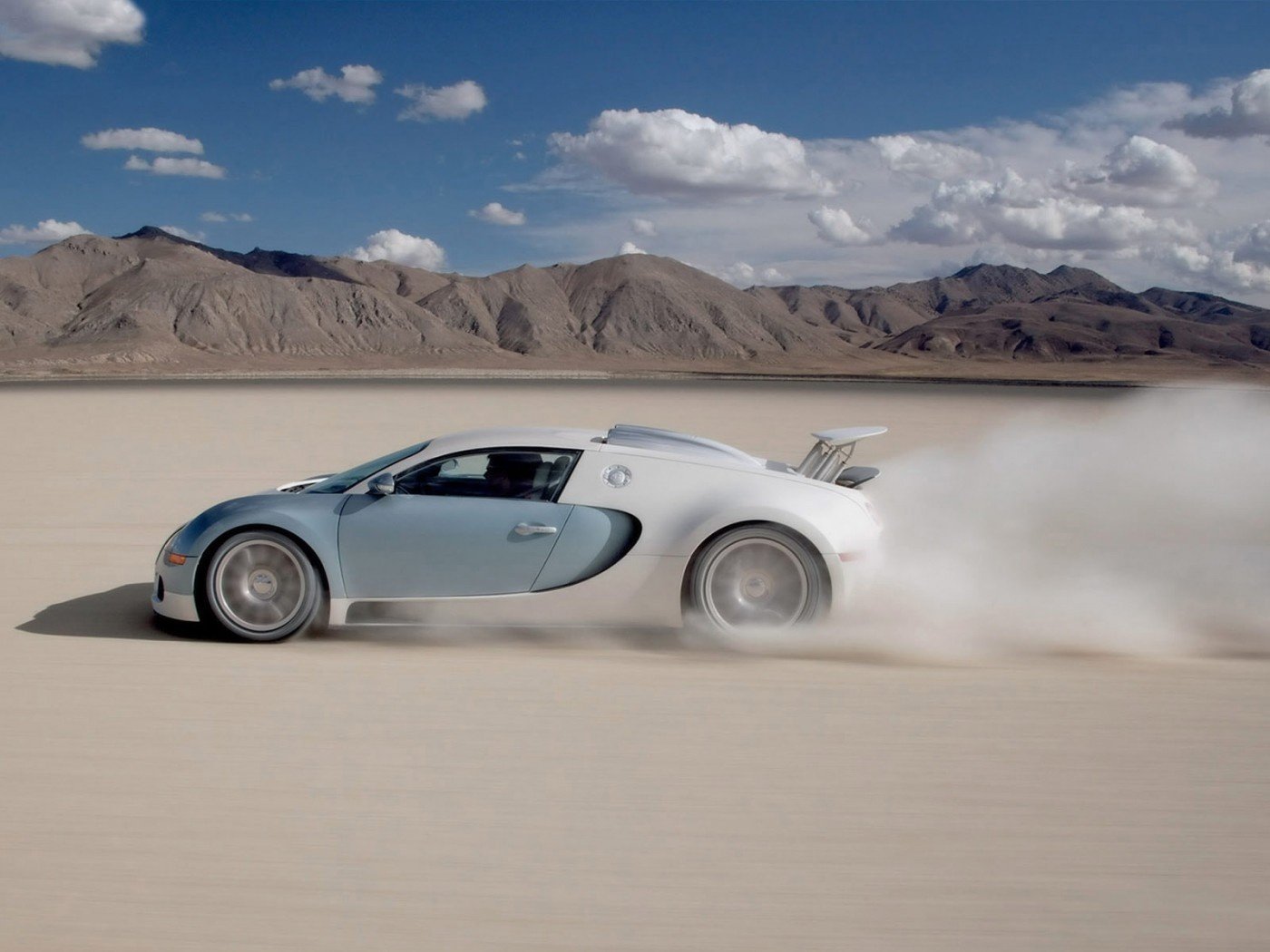 White bugatti on the salt desert in Bonneville