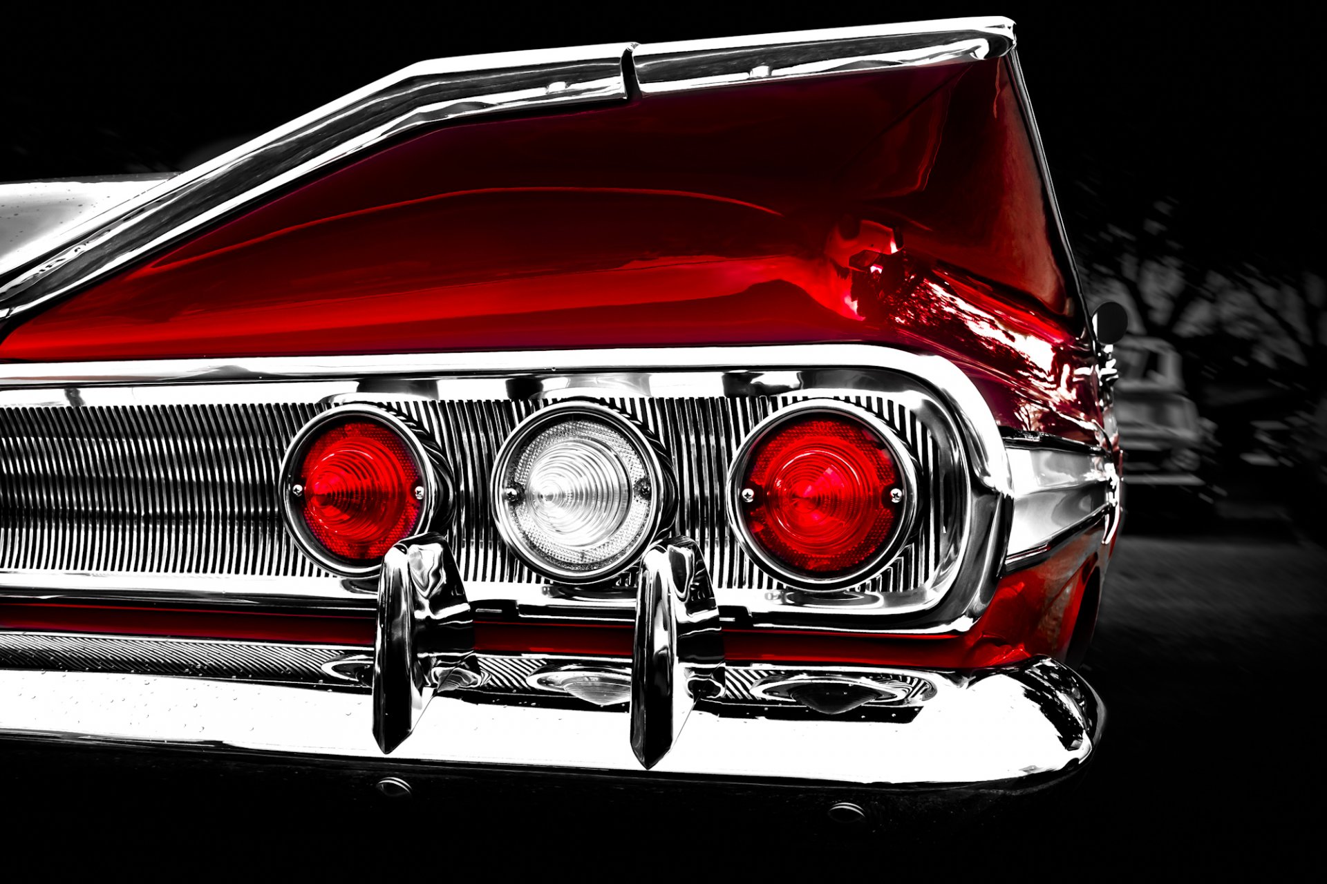 chevrolet impala 1960 classic retro light taillights chrome reflection background
