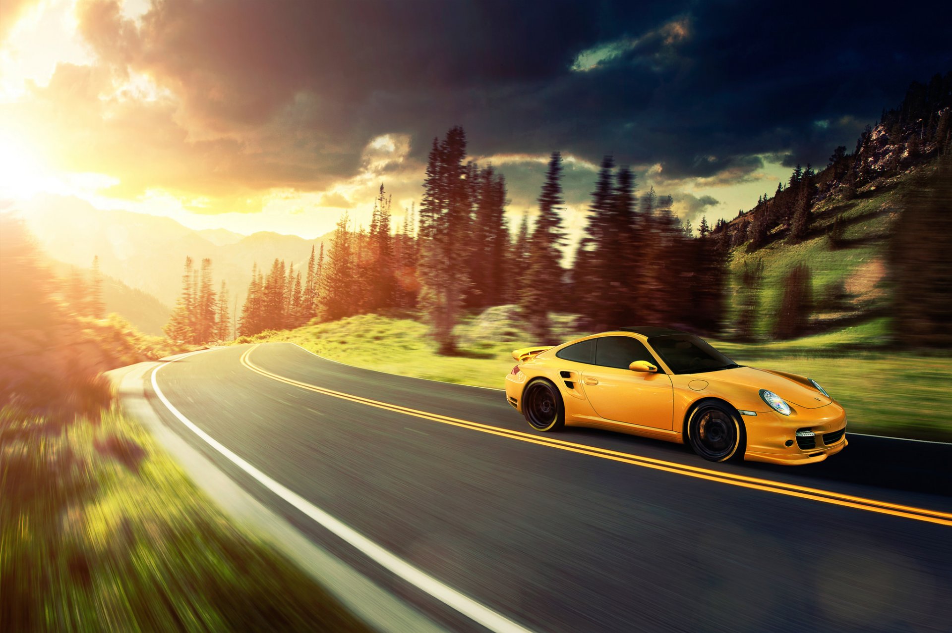 porsche 911 turbo yellow ronaldo stewart mountain sun