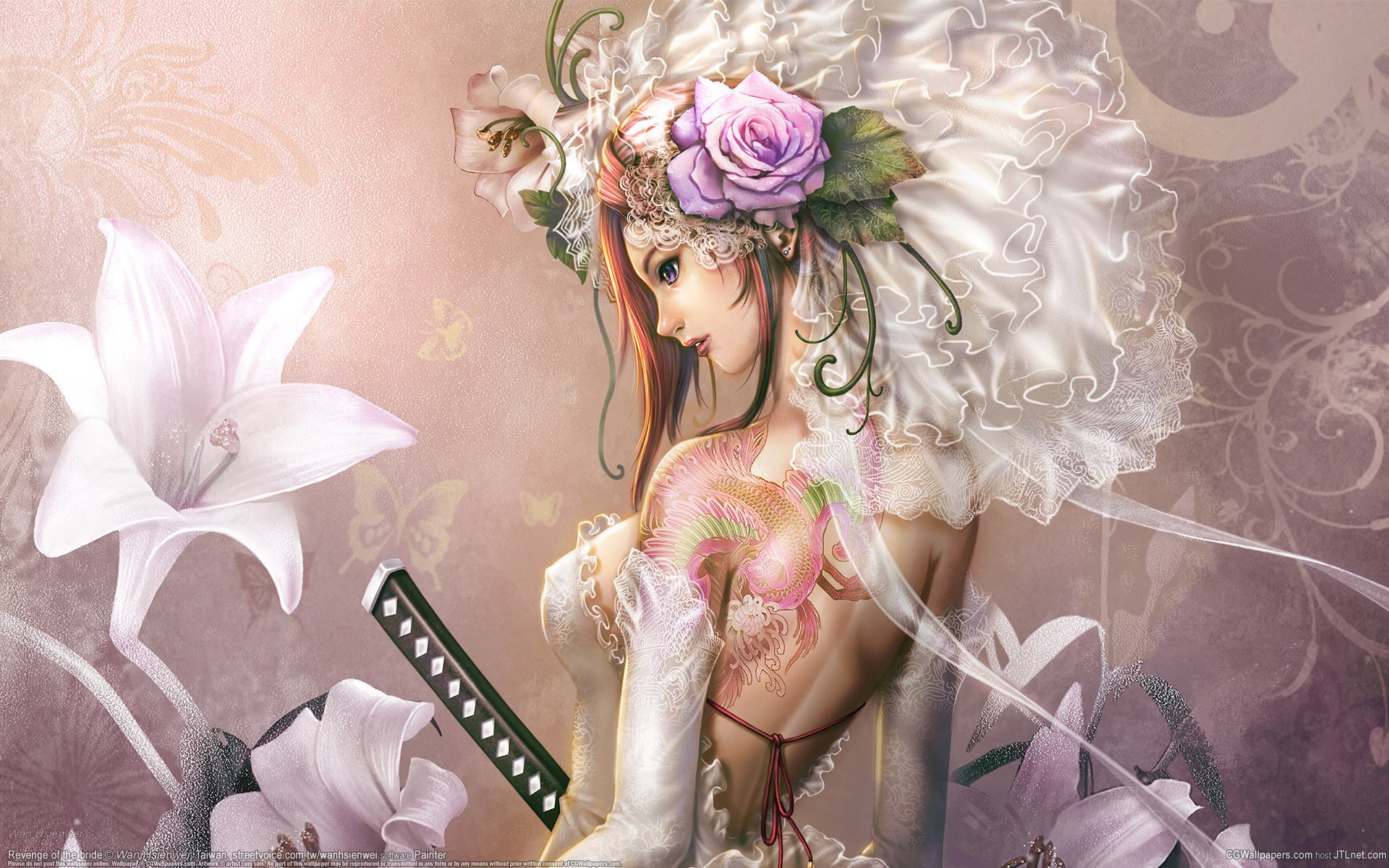 The bride in a dress with flowers on her head