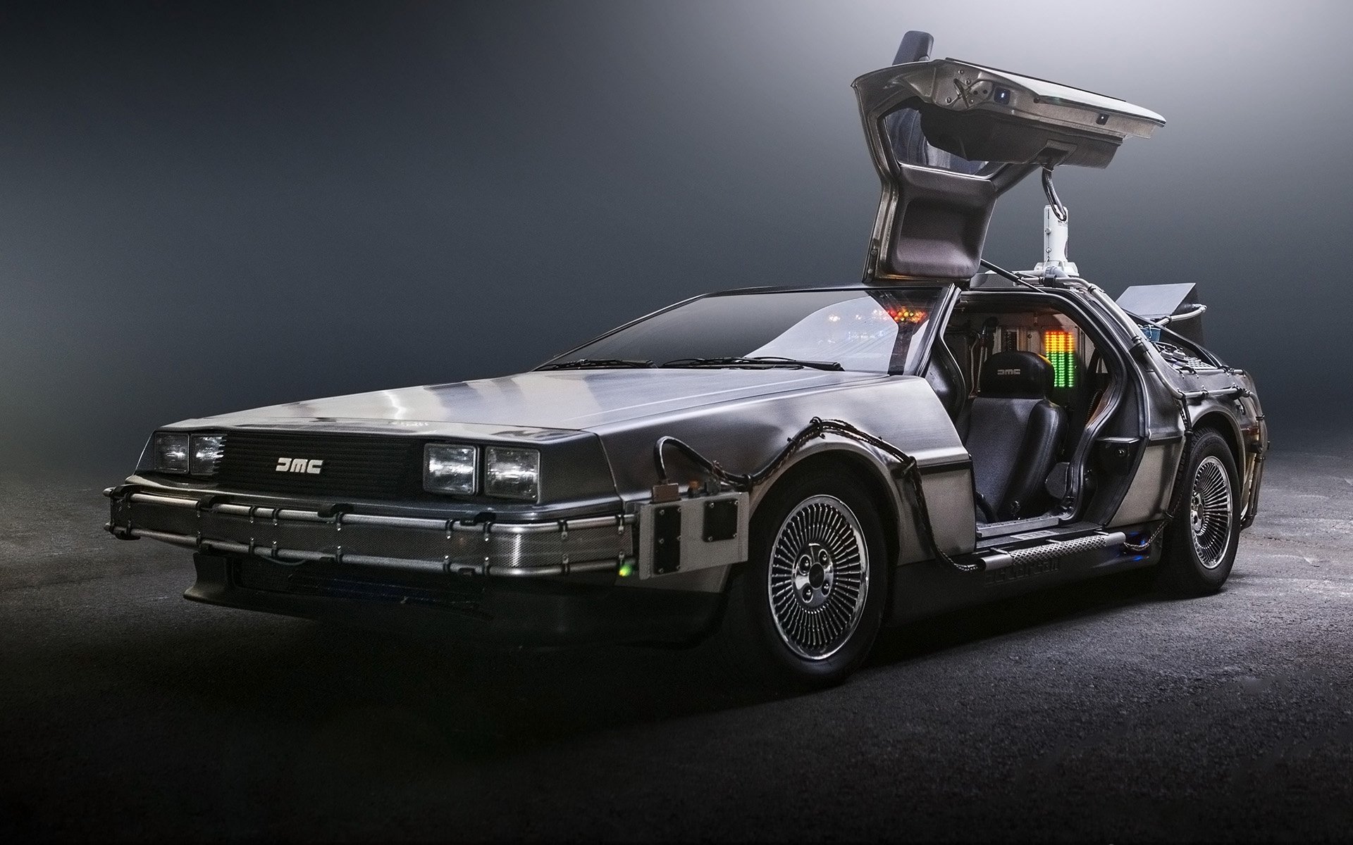 delorean dmc-12 back to the future time machine front doors background