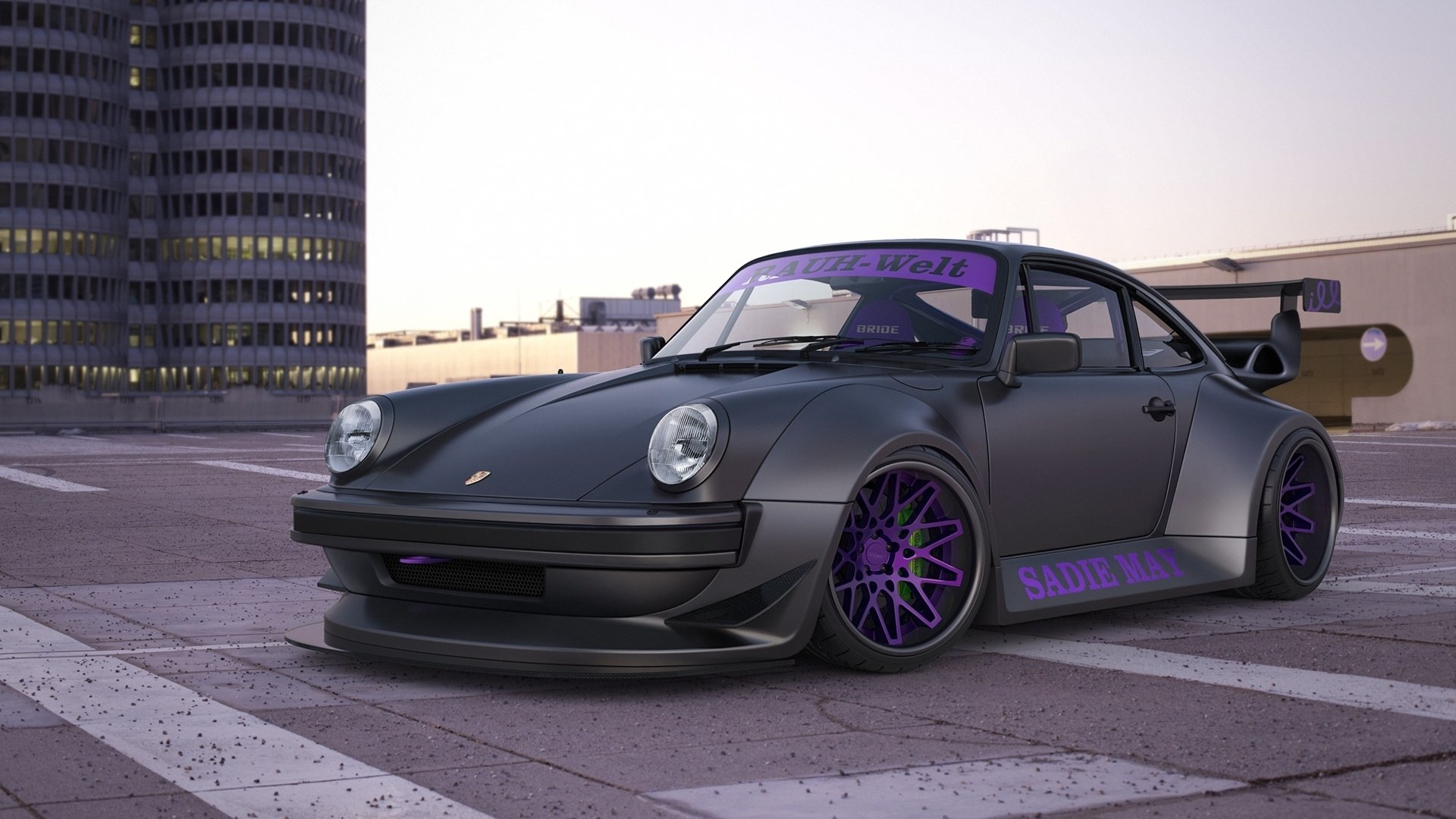 porsche 911 turbo black car avto machine street buildings