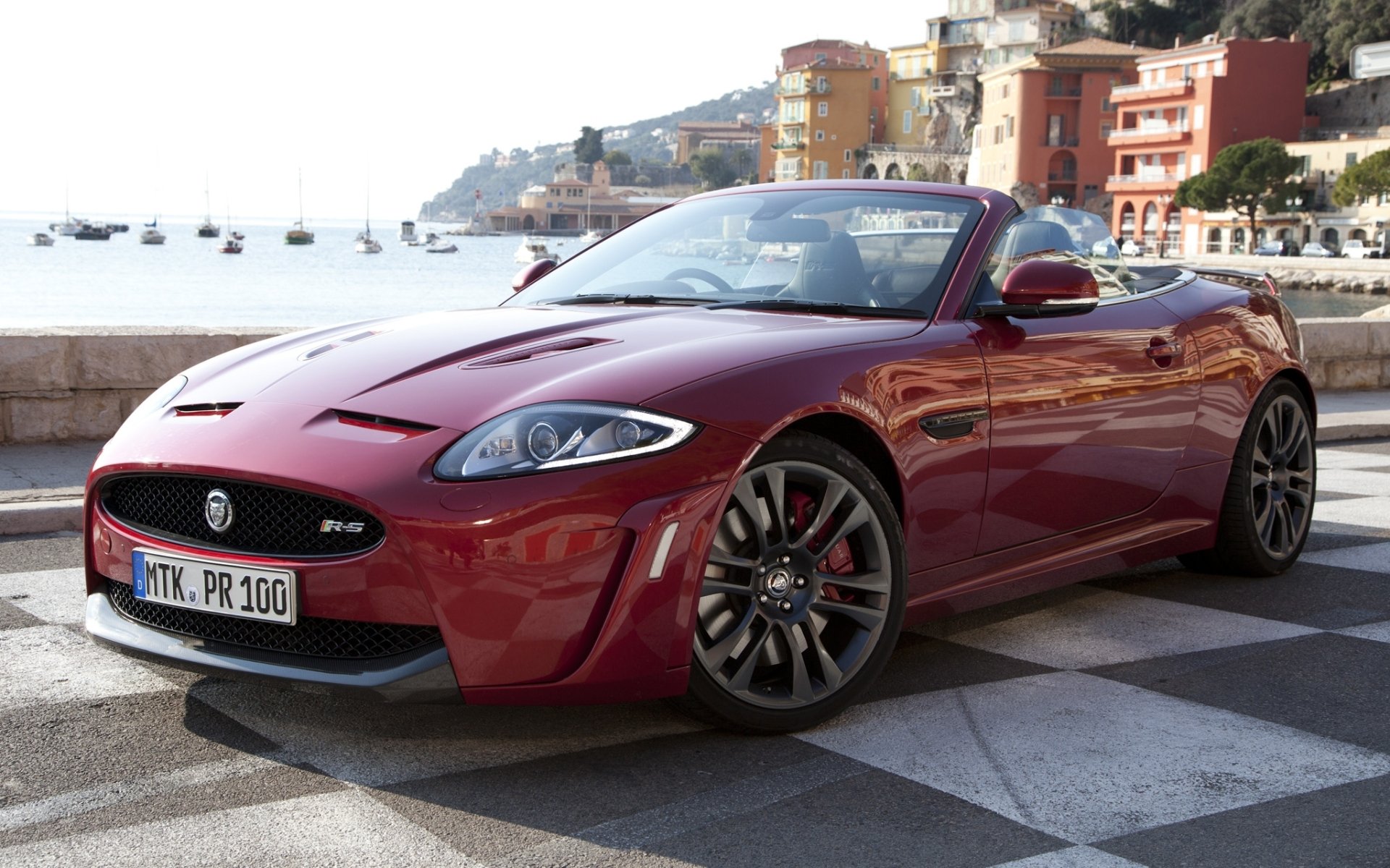 jaguar xkr-s convertible red supercar front beach yacht house