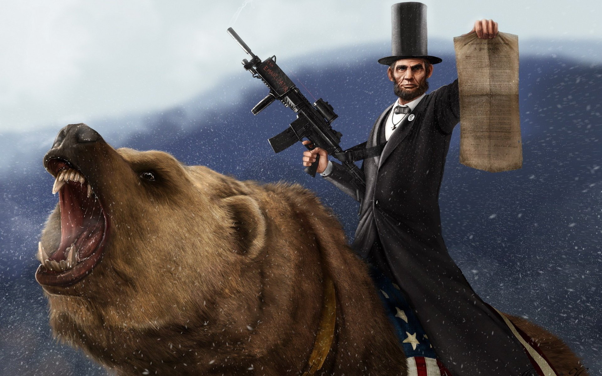 Abraham Lincoln riding a brown bear