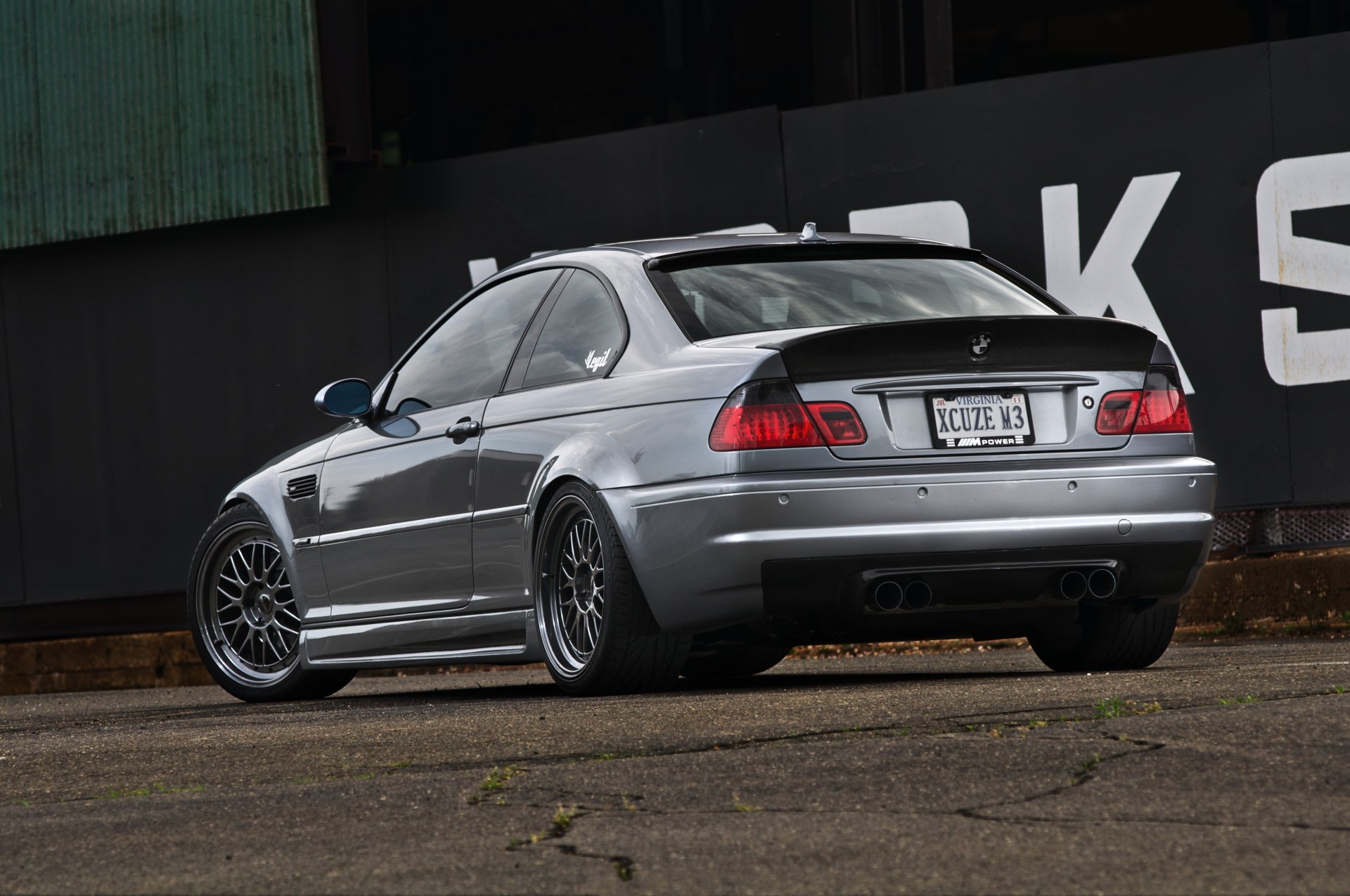 bmw m3 e46 silvery silver coupe rear view wall inscription