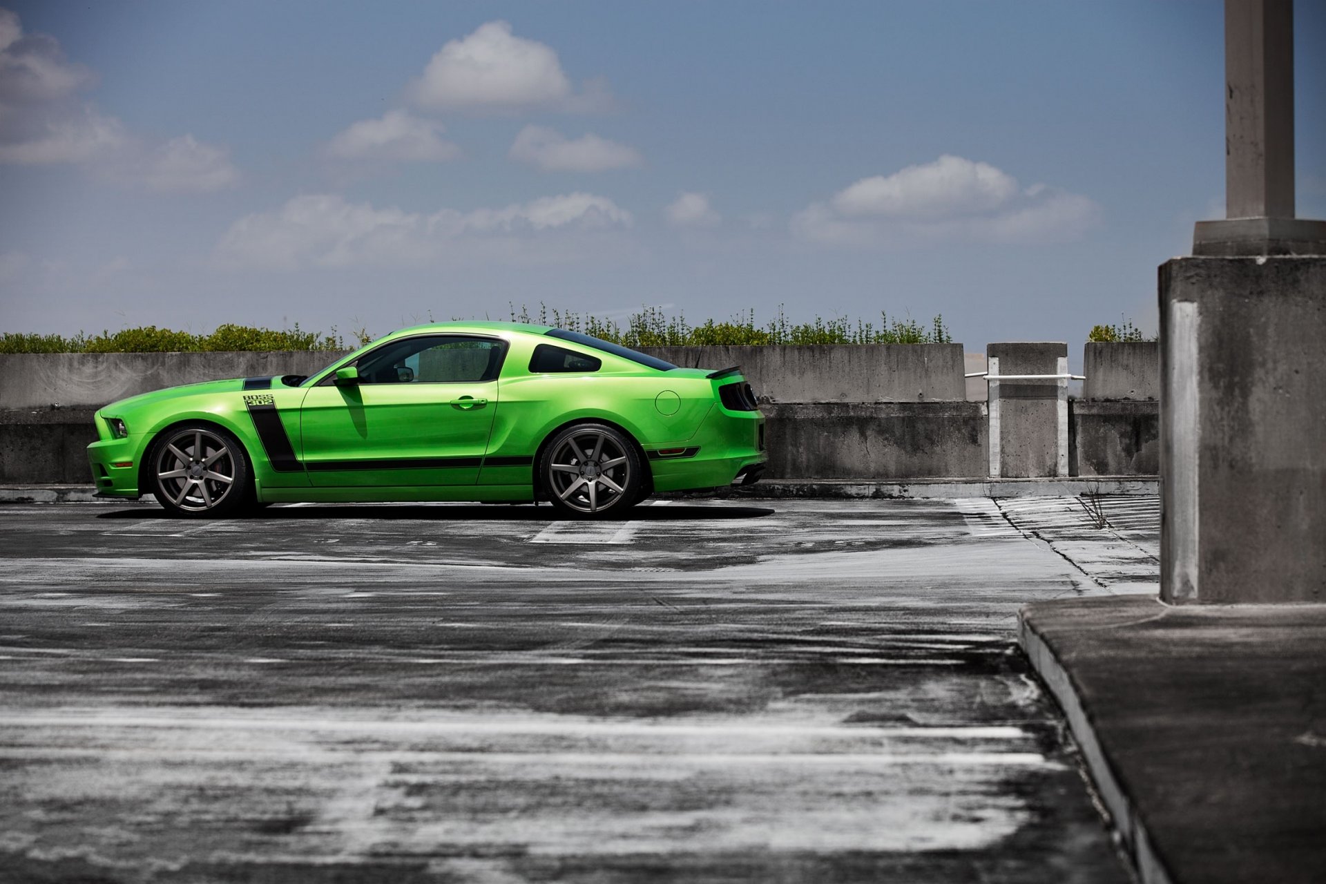 ford mustang boss 302 green light green profile black stripe sky clouds fencing grass