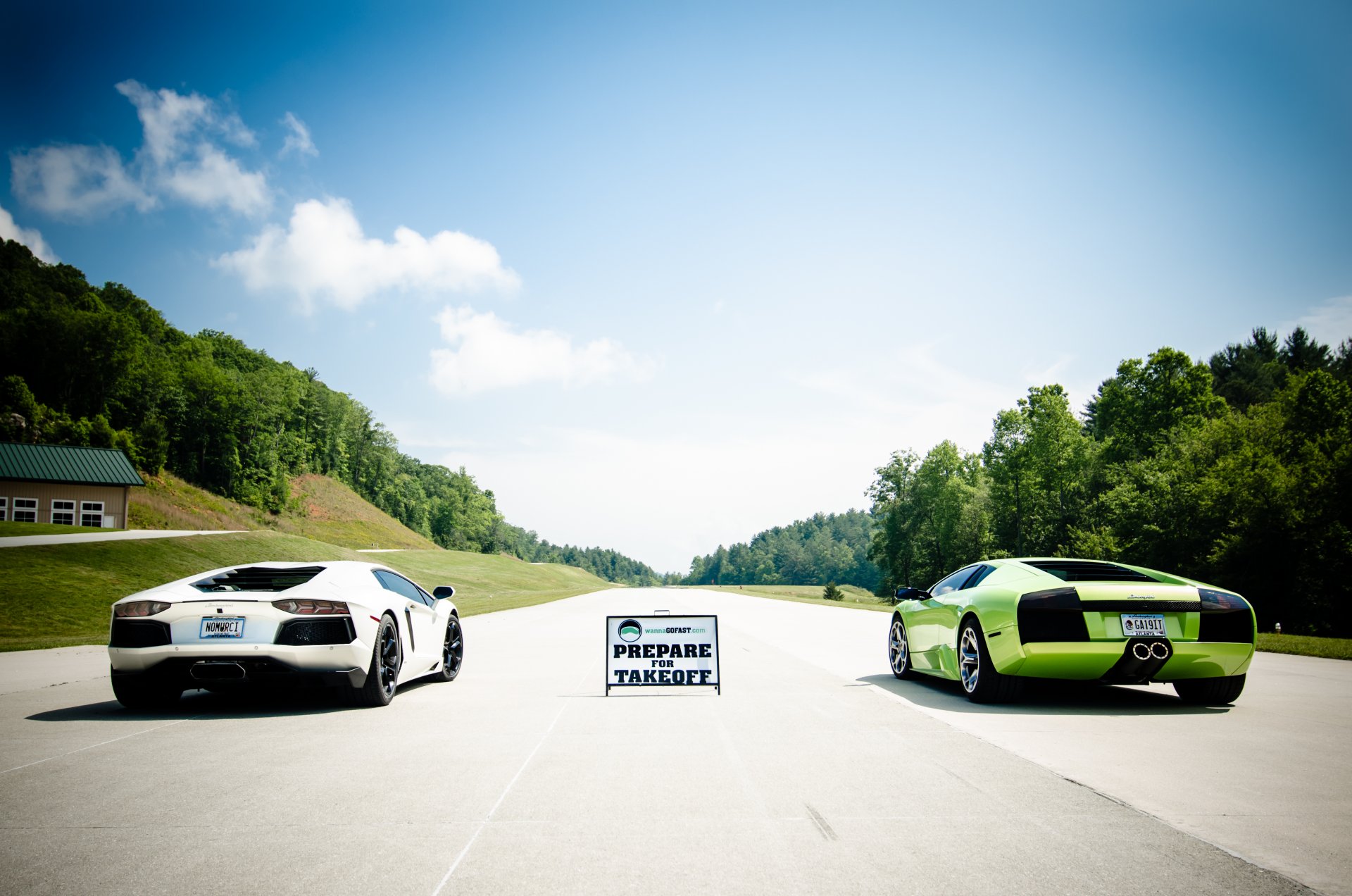 lamborghini murcielago aventador green white lp640 lp700-4 murselago rear view road tree sky clouds
