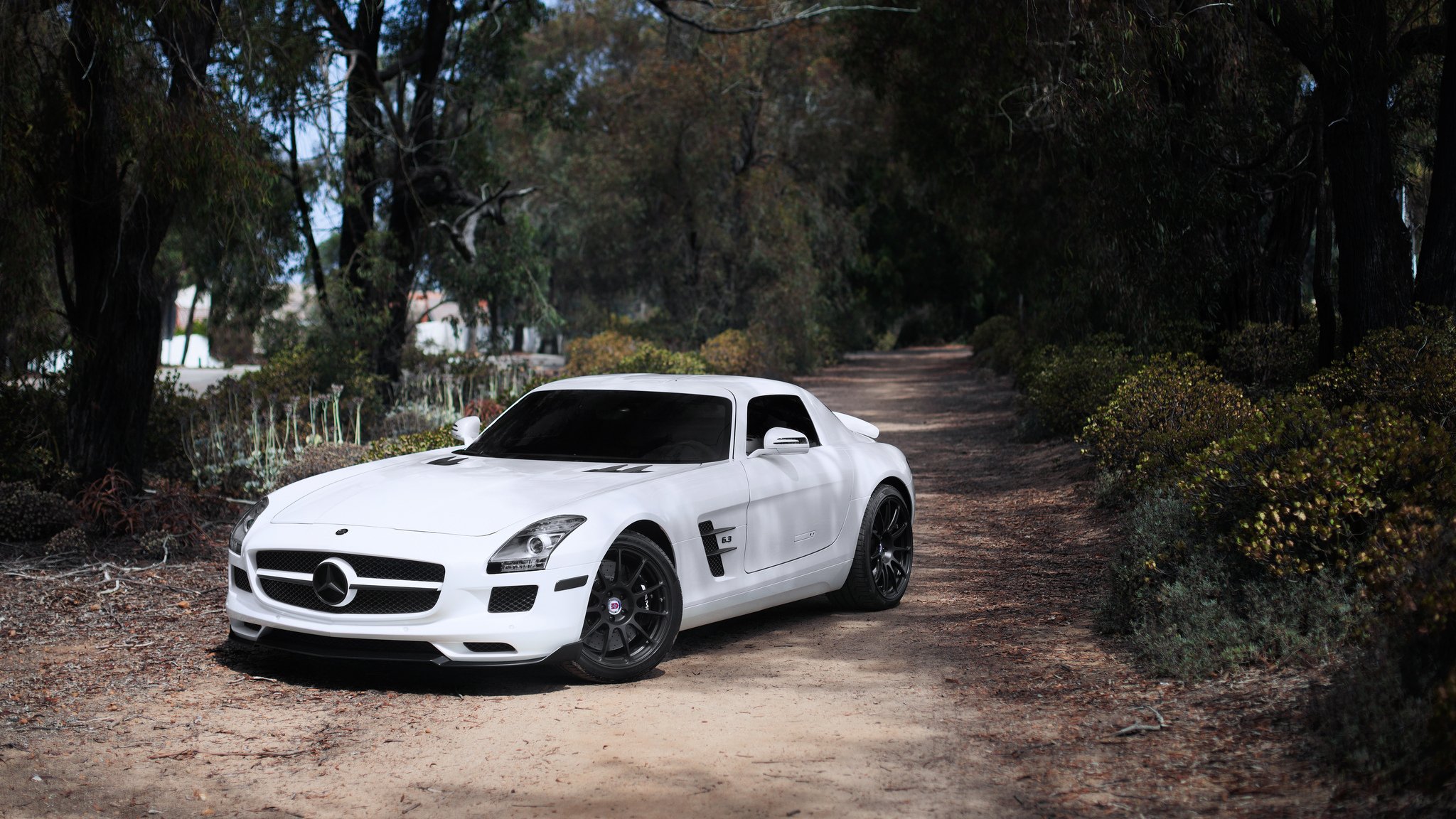 mercedes benz sls amg white mercedes-benz view toning black wheels tree