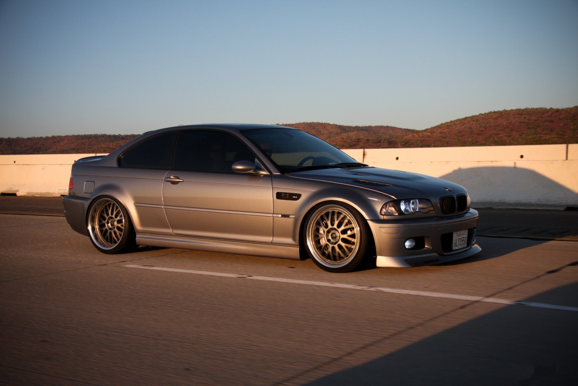 bmw m3 e46 silvery road speed a side view coloured counting fencing slopes headlights