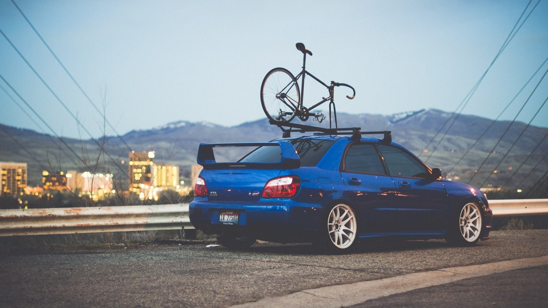 subaru impreza wrx wall road machine car blue sports bike mountain house