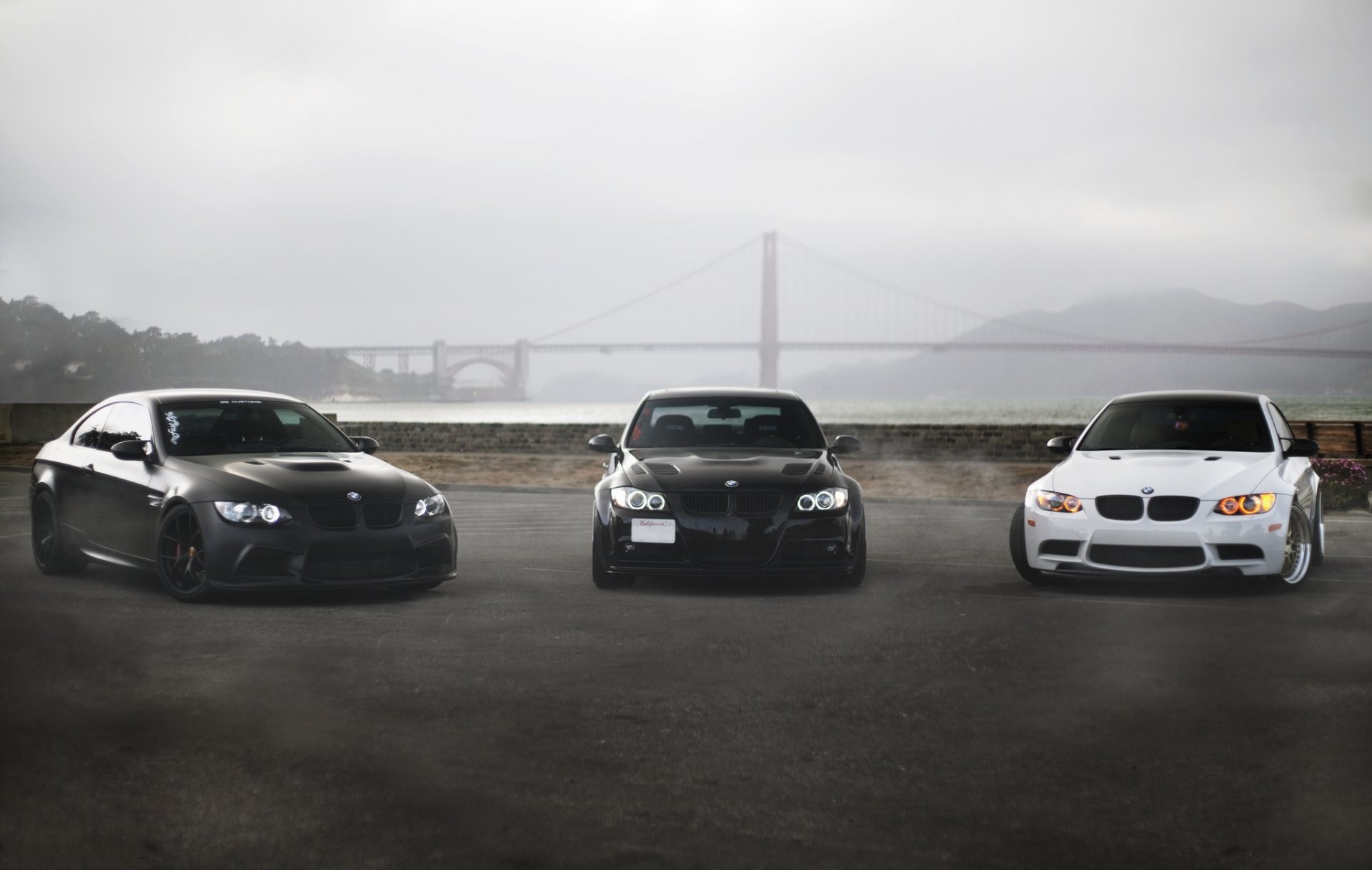 bmw m3 e92 white matte black 330i e90 black golden gate bridge coupe sedan black matt view fog