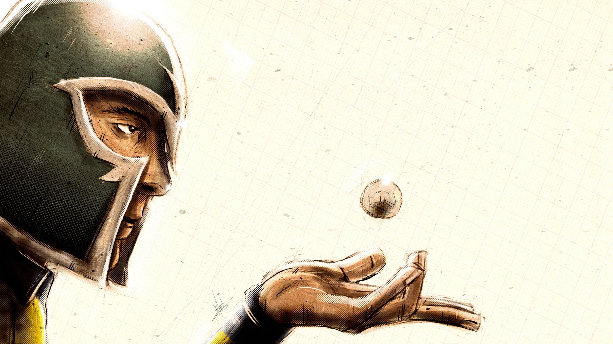 The face of a superhero in a steel helmet