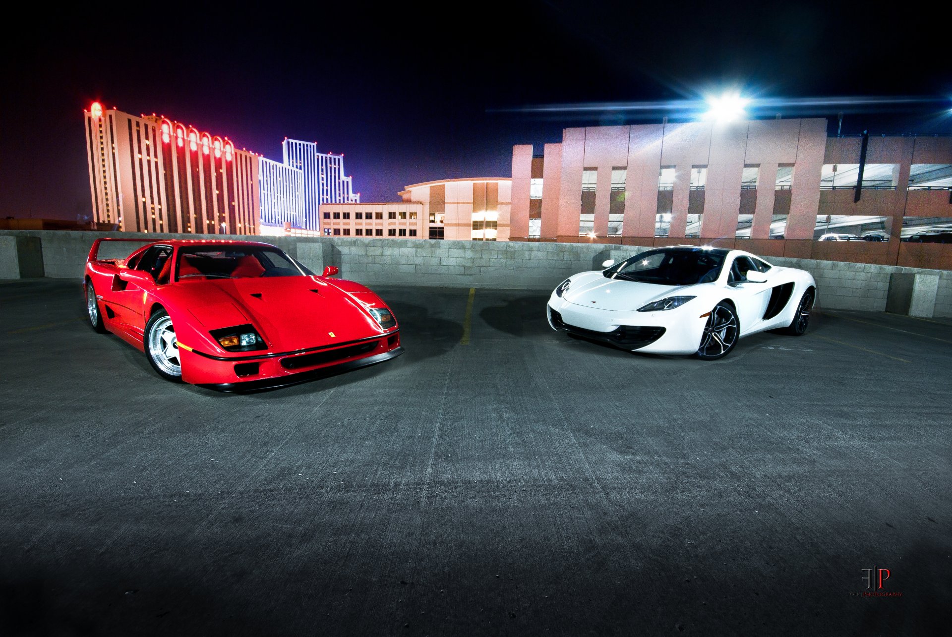 ferrari f40 supercar classic red mclaren mp4-12c sports car white night town lights parking