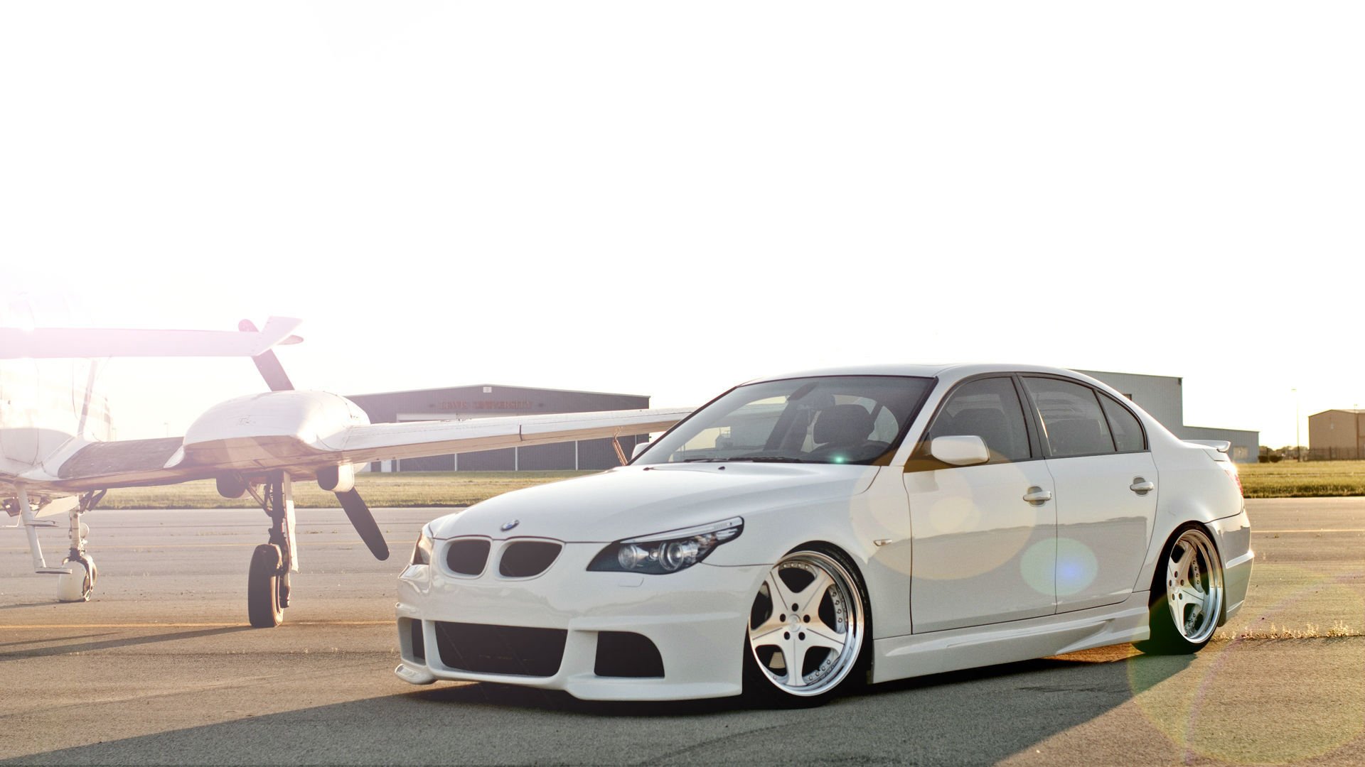 car wallpapers white bmw m5 e60 tuning sun beautiful desktop vehicles airport plane machine is front