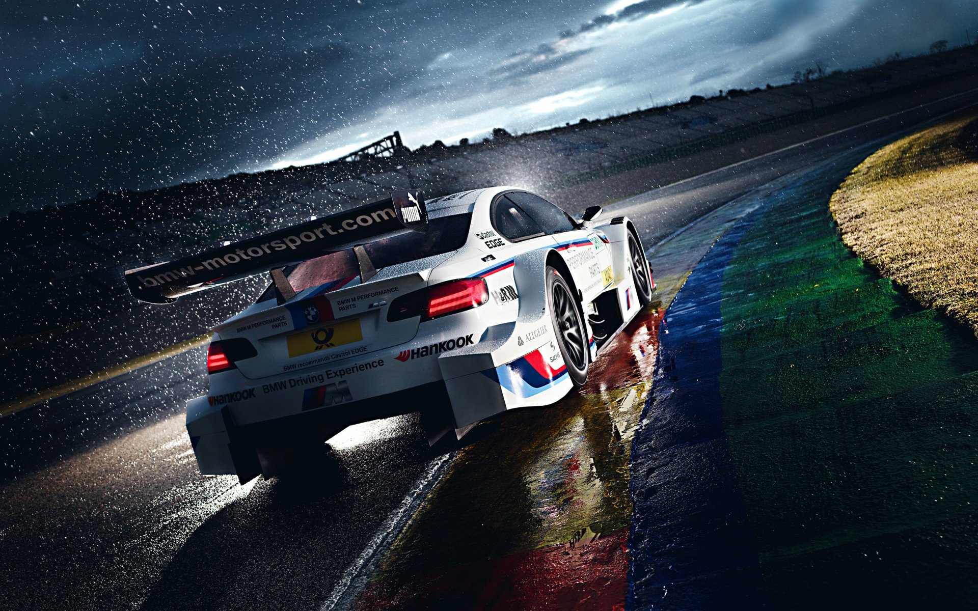 bmw m3 dtm m power team competition race track white morning rain
