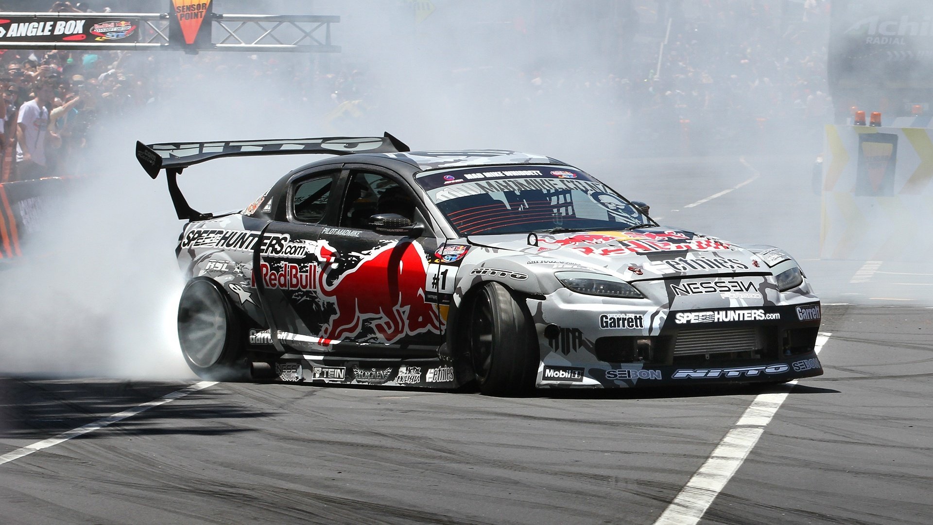car wallpapers drift mazda rx8 redbull team vehicles sideways smoke slide red bull