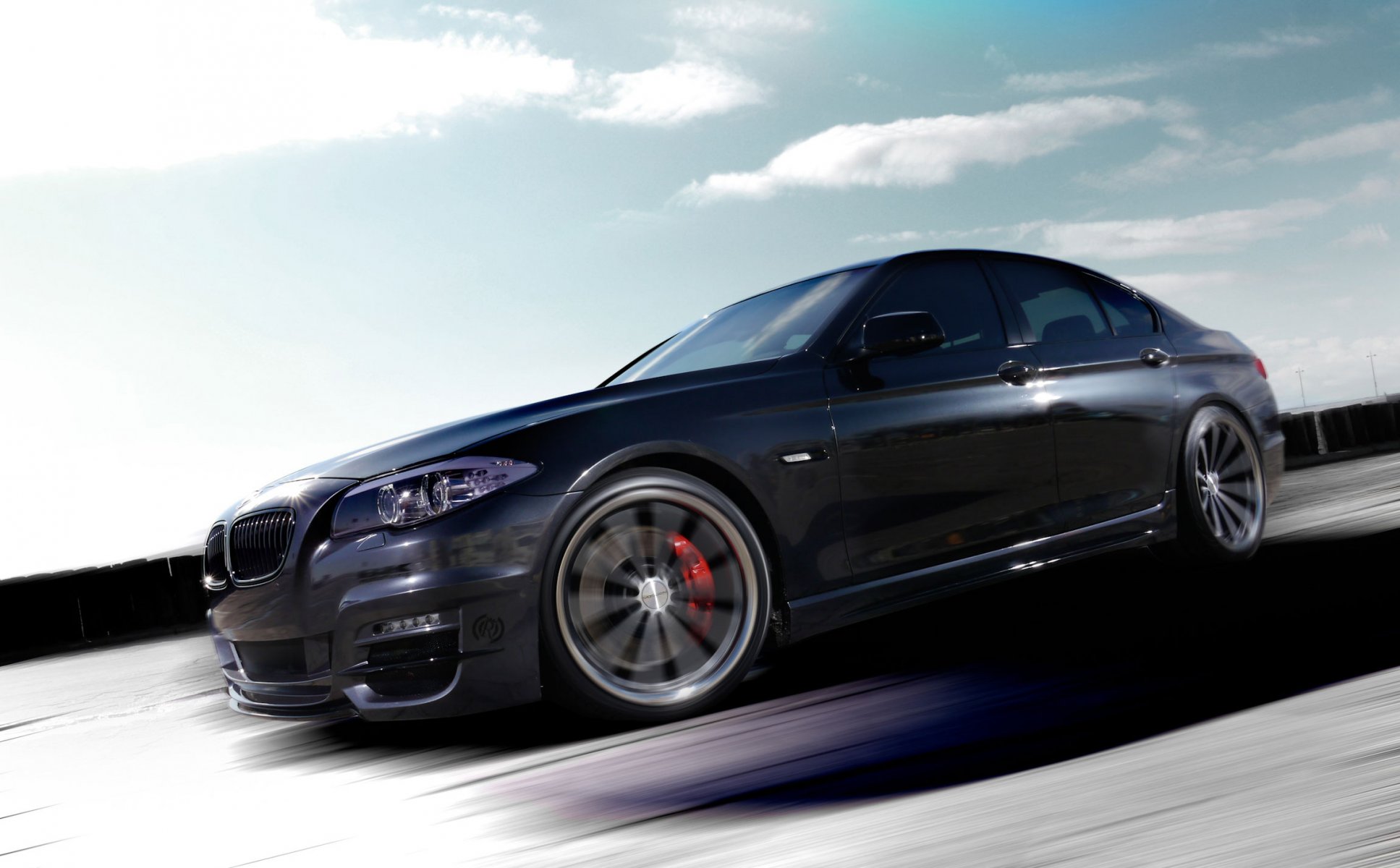 bmw 5 series car machinery tuning speed road sky clouds