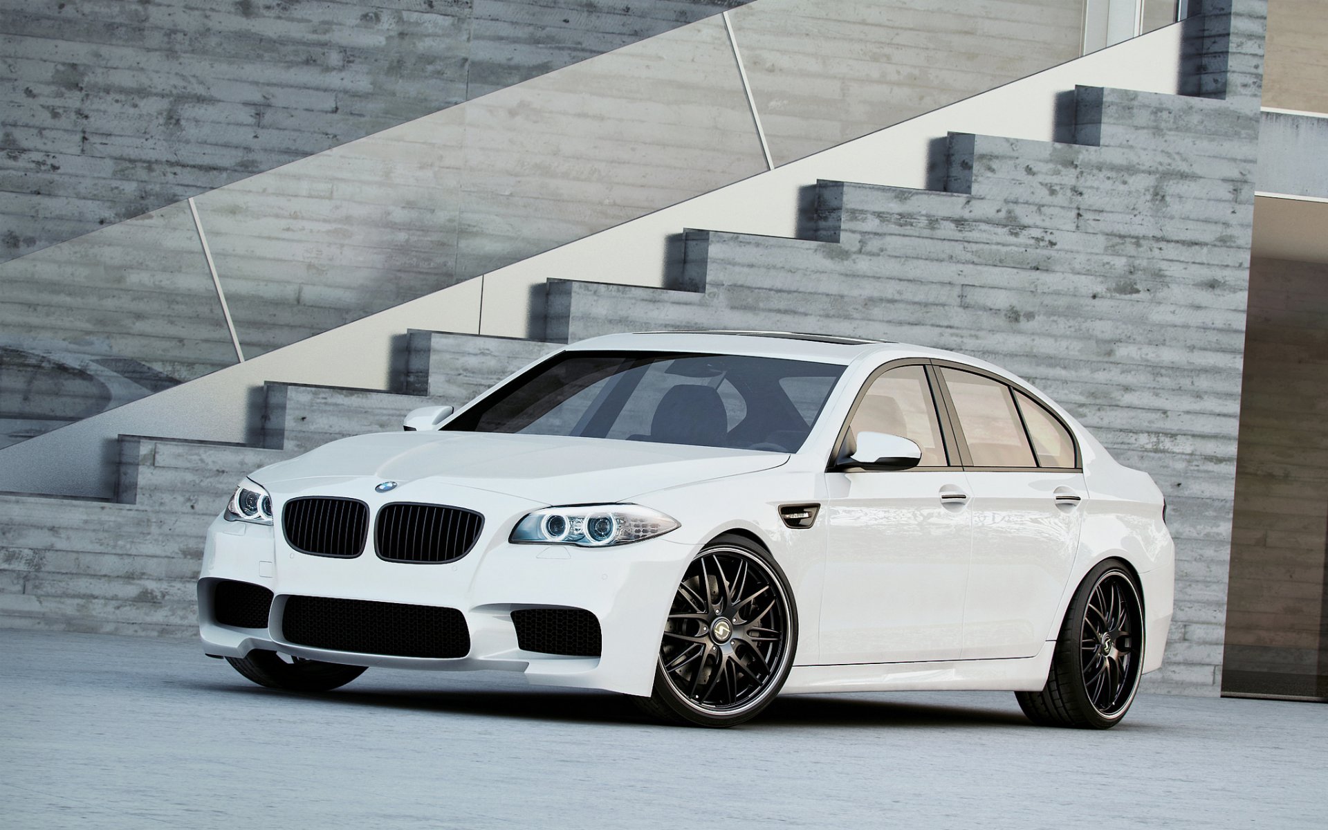 bmw m5 f10 white black wheels daylight a side view stairs black wheels