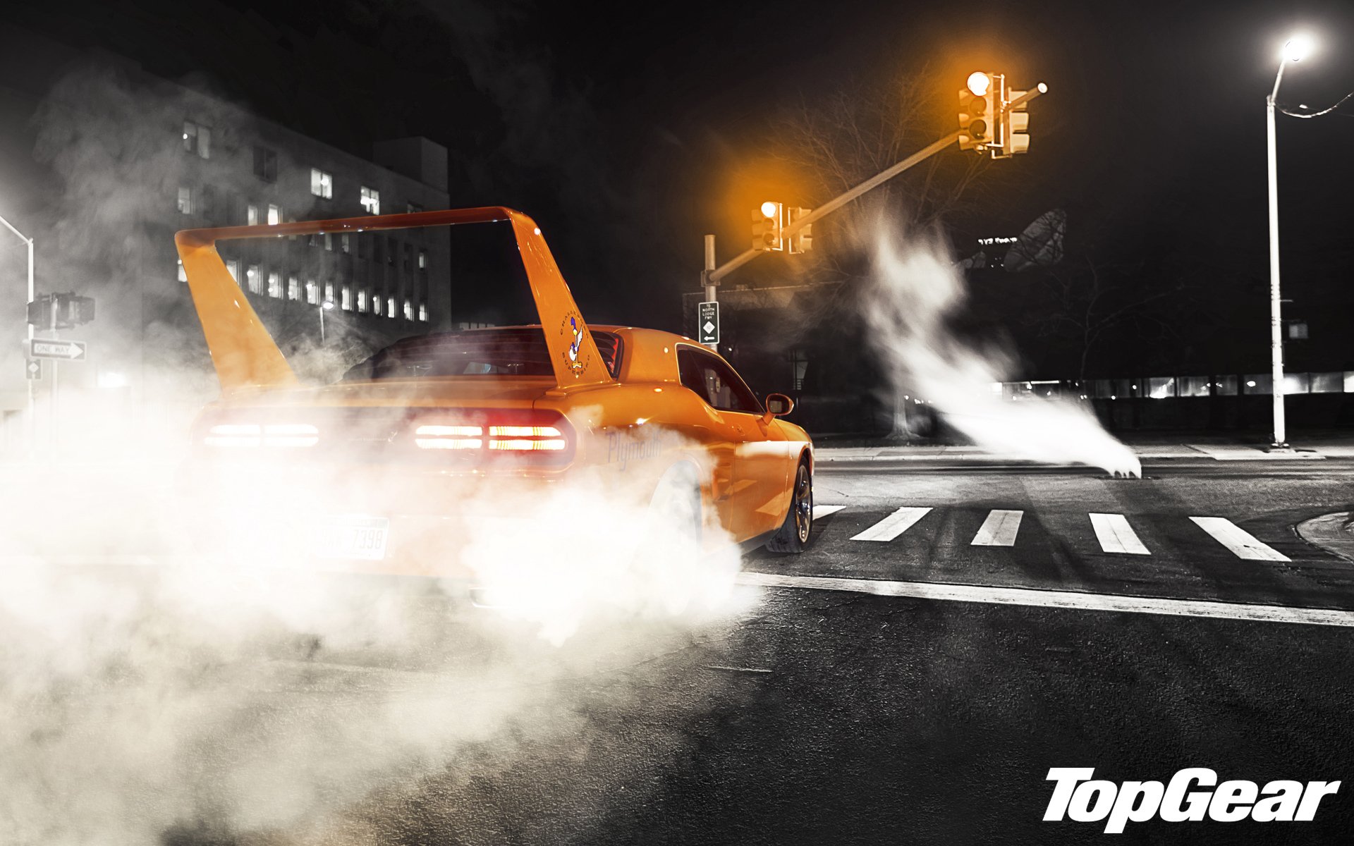 top gear the highest gear the best tv show hpp superbird dodge challenger rear view muscle car orange tuning spoiler wing smoke night street light