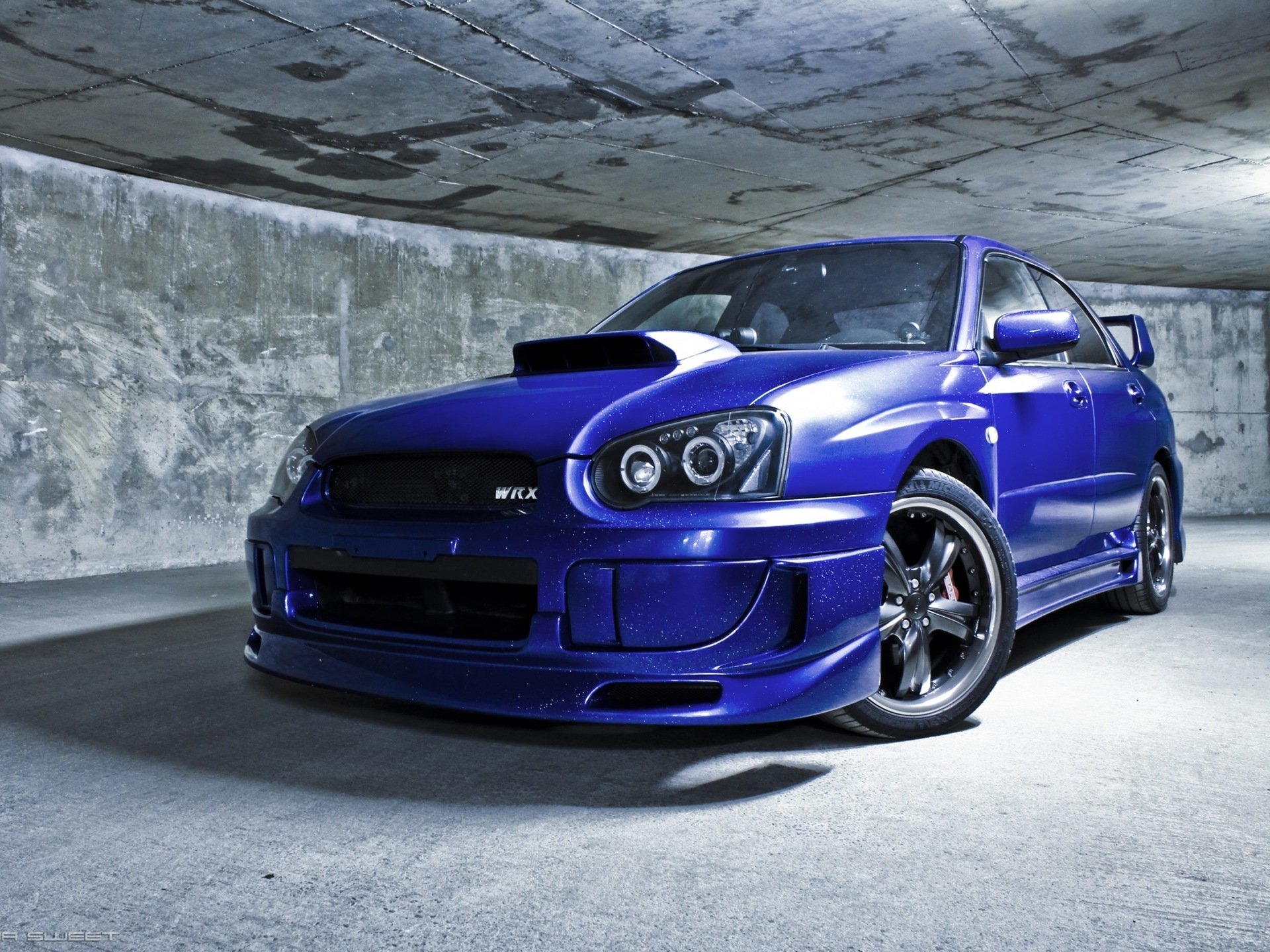 subaru impreza wrx sti wall tunnel machine car blue sports sedan